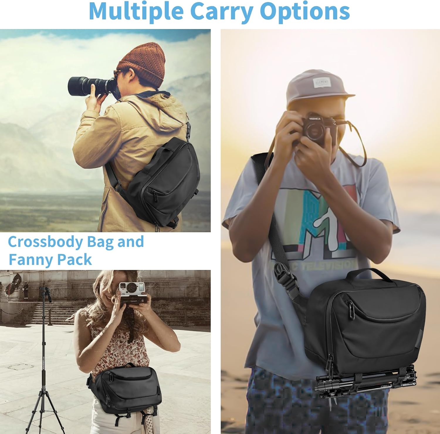 Bolsa bandolera para cámara, funda impermeable para cámara con soporte para trípode, DSLRSLRSLRsin espejo, bolsa cruzada para fotógrafos, color negro