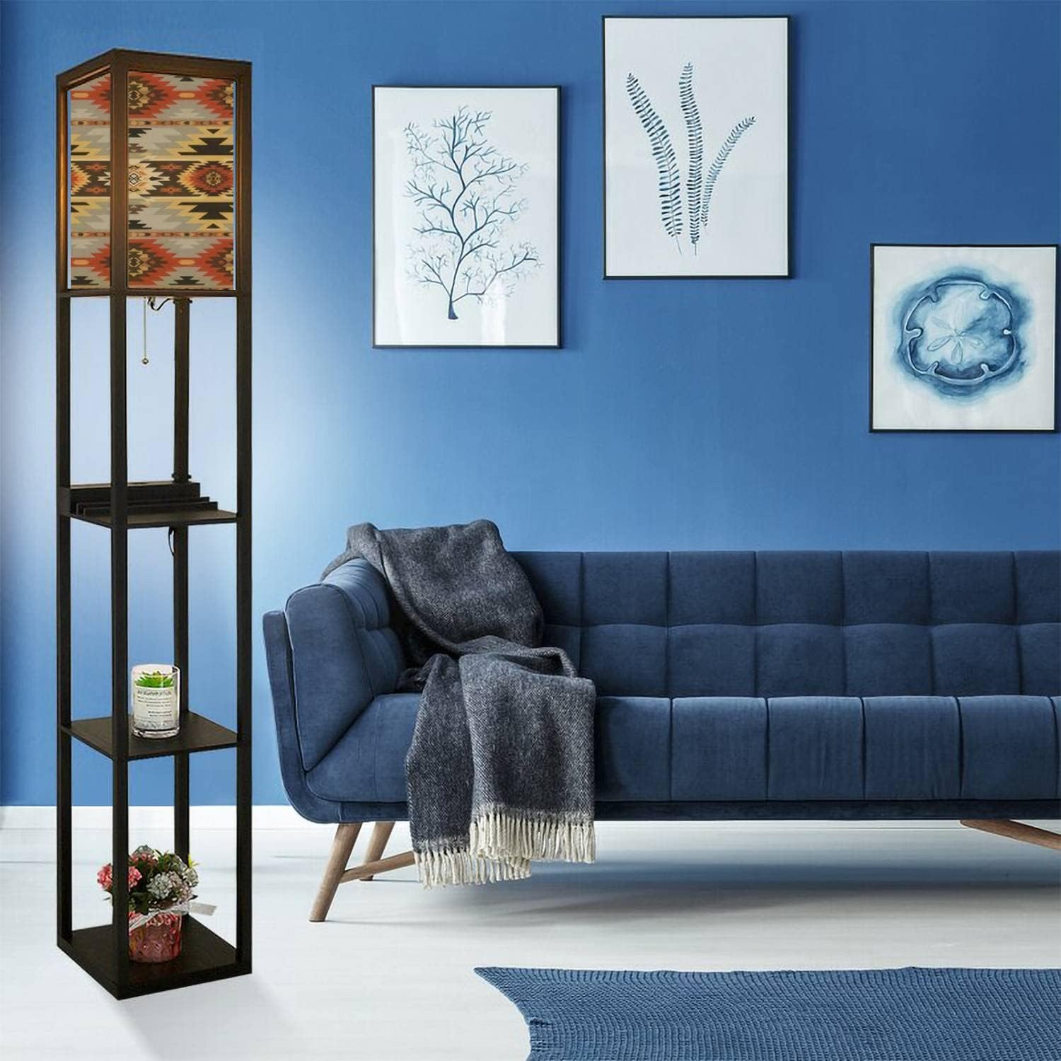 Navajo – Lámpara de pie étnica geométrica sin costuras con estampado nativo americano del suroeste con estantes, puertos USB y toma de corriente,