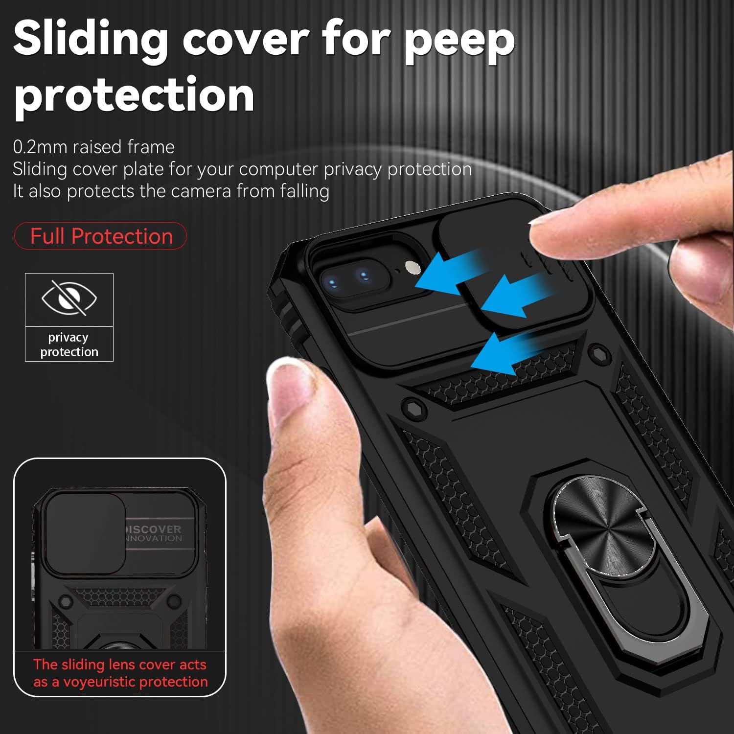 YZOK Funda para iPhone 8 Plus, iPhone 7 Plus, iPhone 6 Plus, con cubierta deslizante para cámara + protector de pantalla HD, soporte de anillo