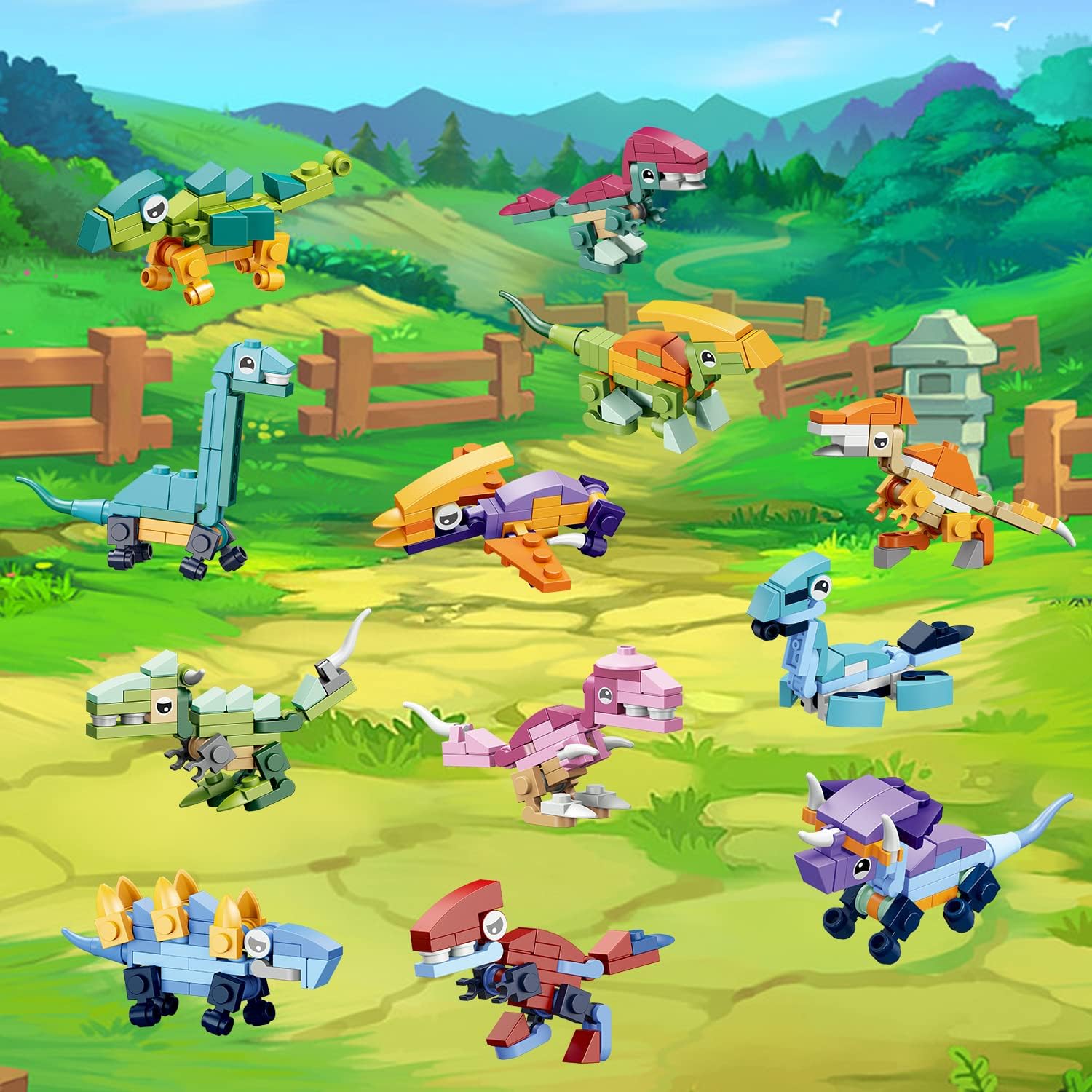 Juego de bloques de construcción de dinosaurios prellenados 12 en 1, 12 piezas de mini bloques de construcción, juguetes de bloques de construcción