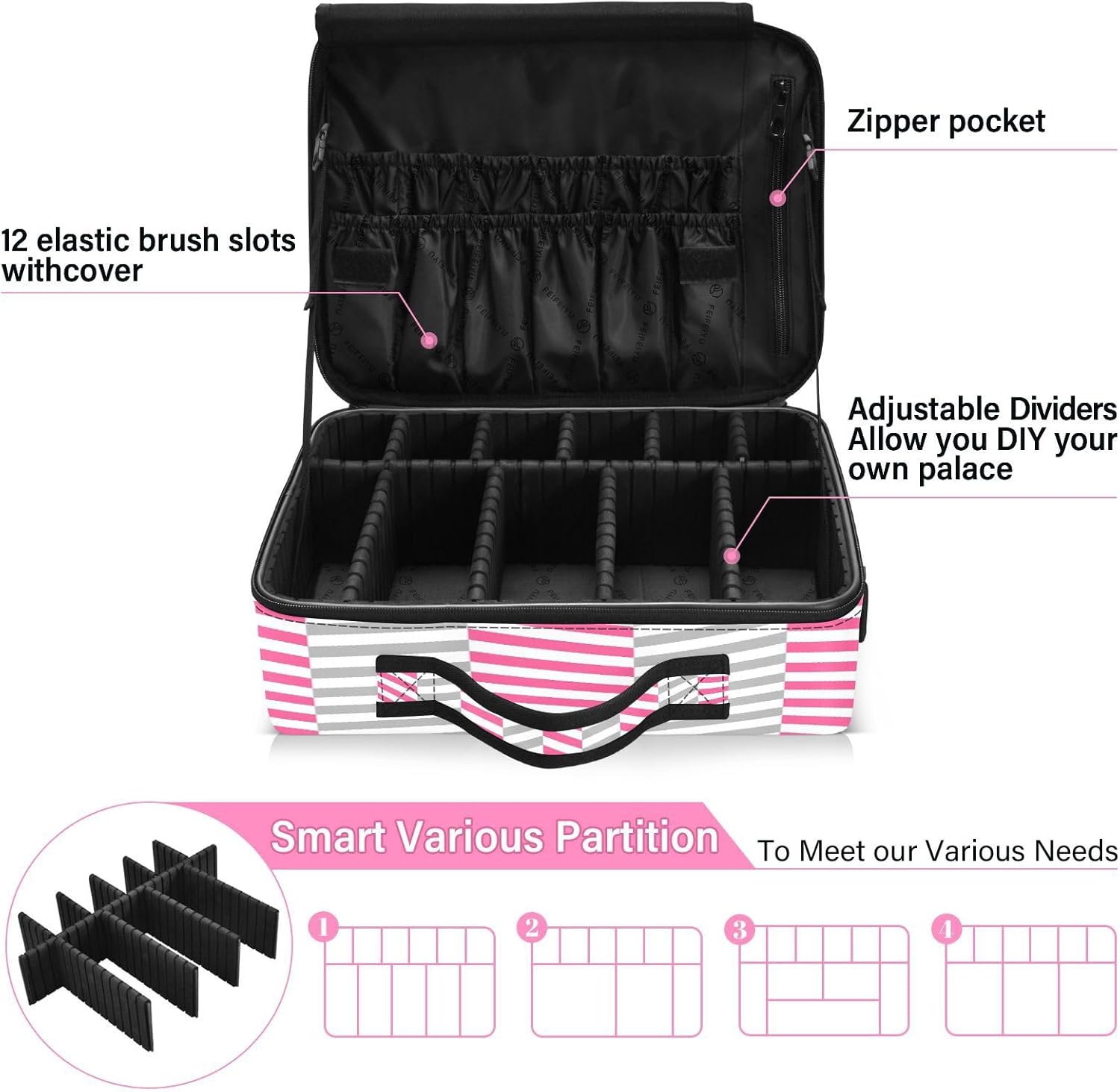 Bolsa de cosméticos de viaje con patrón geométrico de rayas para mujer, bolsa de viaje con compartimentos, bolsa de maquillaje con asa, bolsa de