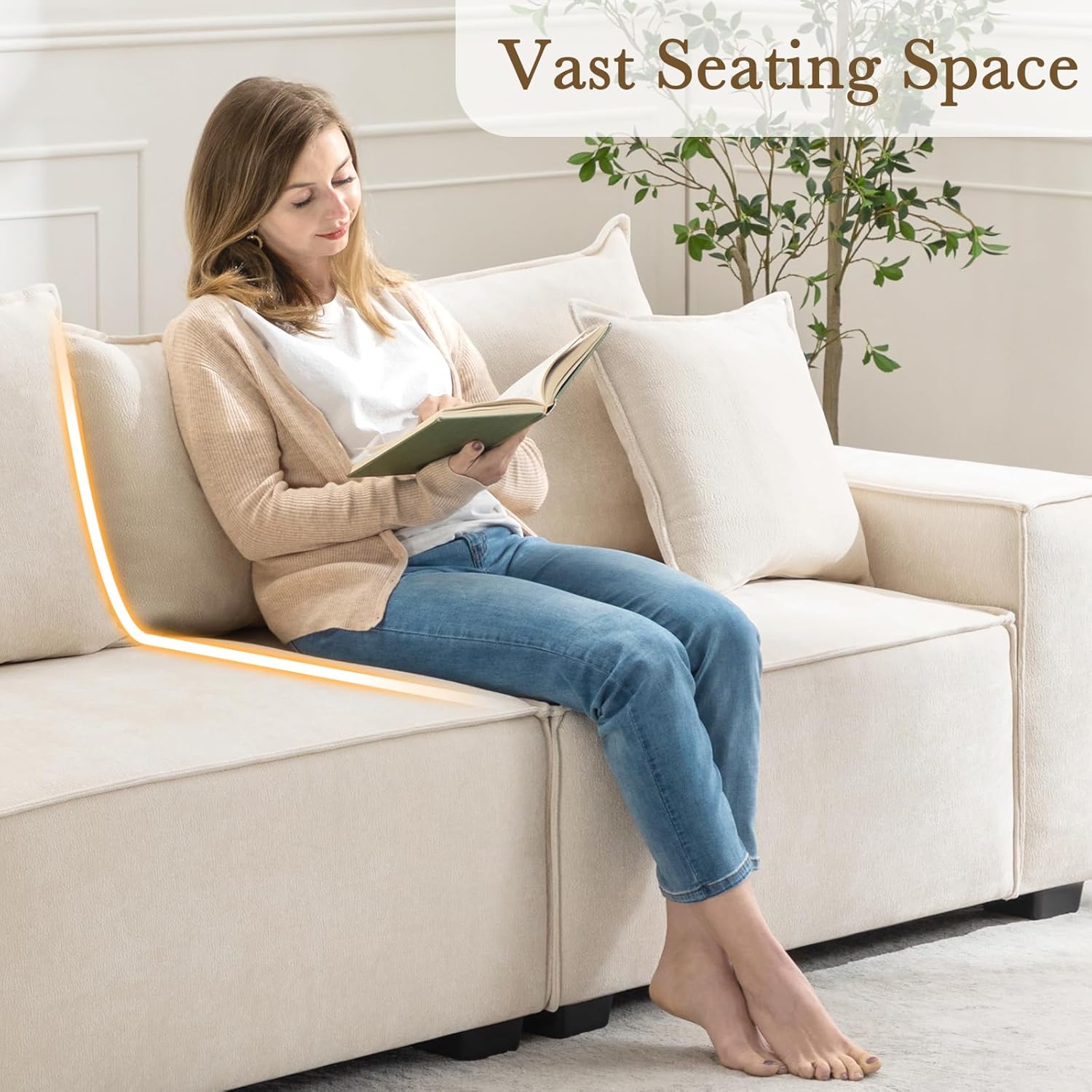 Sofá grande de felpilla moderno de 89.3 pulgadas, sofá nube de 3 plazas con reposabrazos extra anchos y 4 cojines, sofá de asiento profundo para