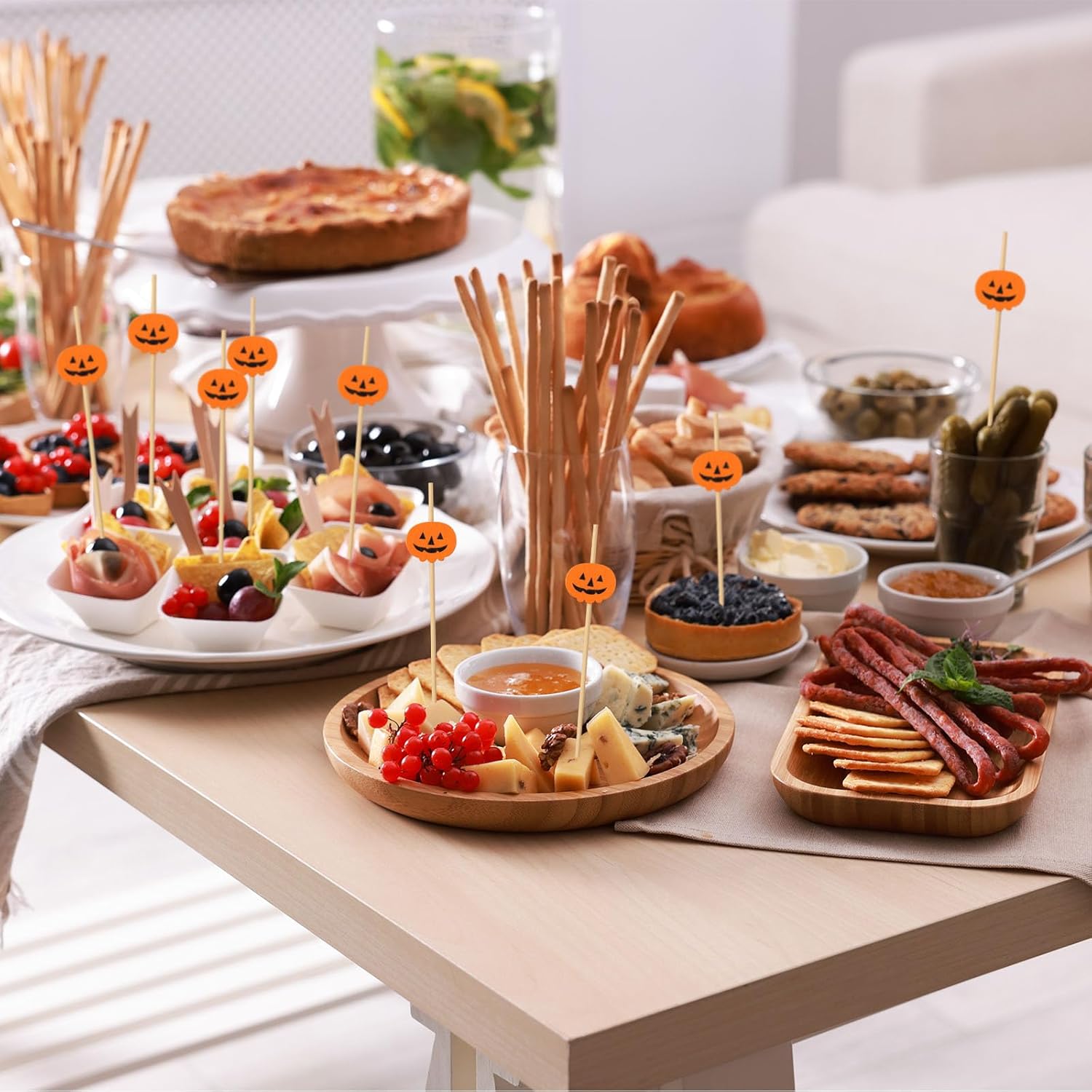 200 palillos de cóctel de calabaza de Halloween, brochetas de fruta fantasma de calabaza, palillos de comida de bambú para aperitivos de madera