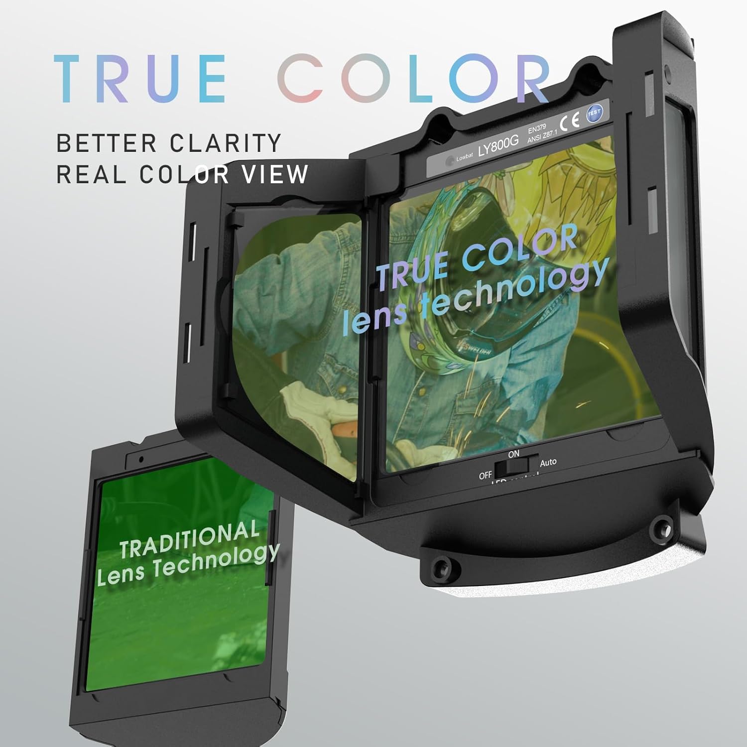 YESWELDER Casco de soldadura con oscurecimiento automático, visión grande, color verdadero, 6 sensores de arco, iluminación LED y carga tipo C