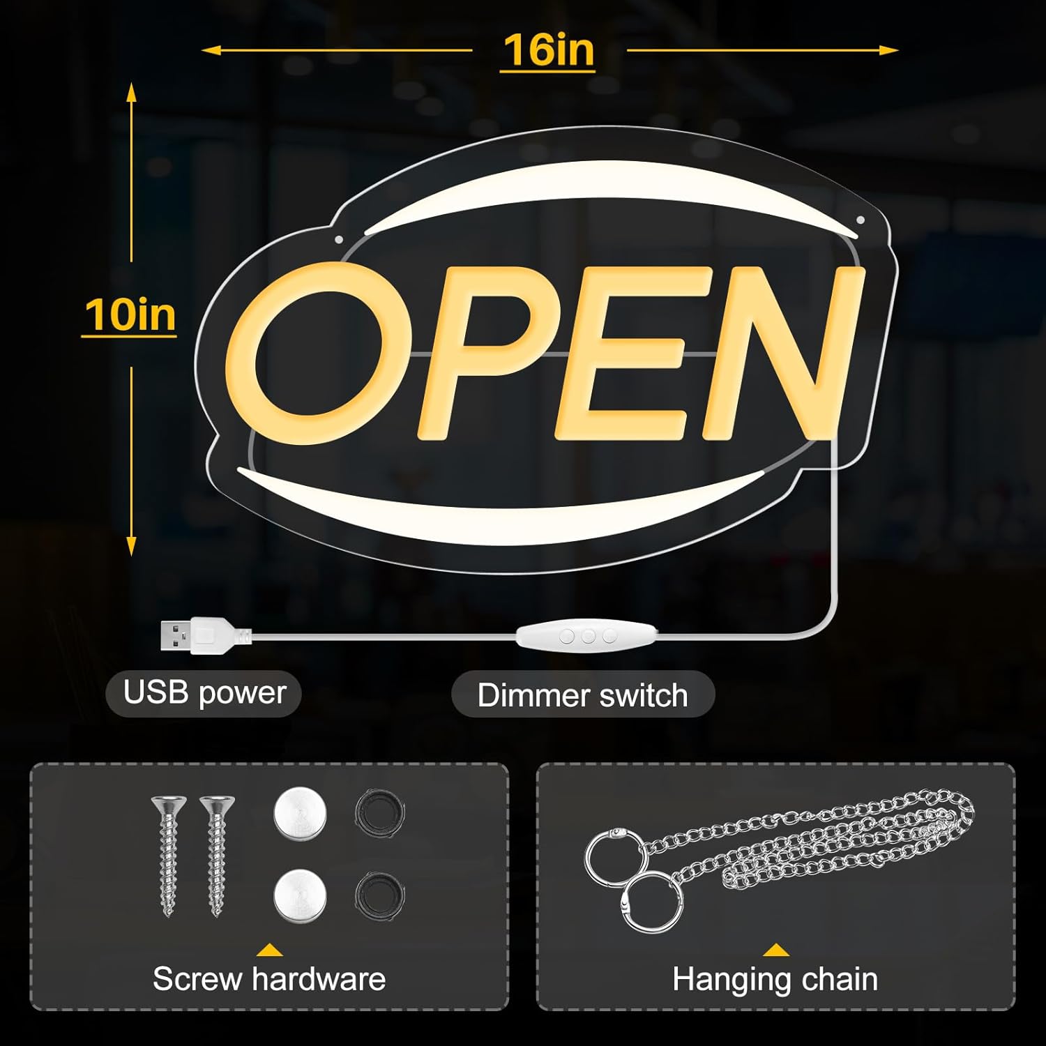 Letreros LED de neón abiertos para negocios, alimentados por USB de 16 x 10 pulgadas con brillo ajustable, luz abierta brillante para exhibición de