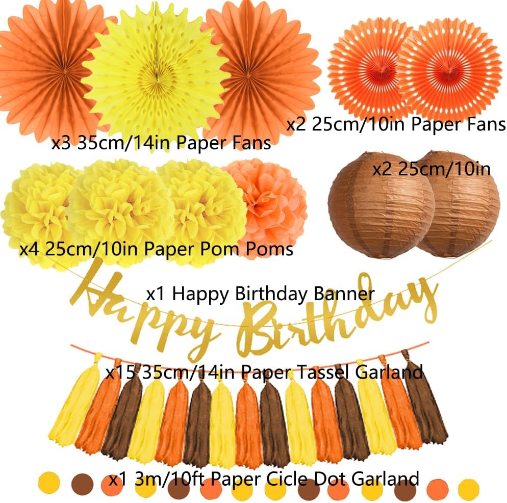 Decoraciones de fiesta de cumpleaños de otoño, abanicos de papel naranja y amarillo, pompones de papel, faroles de papel marrón, borla de papel,