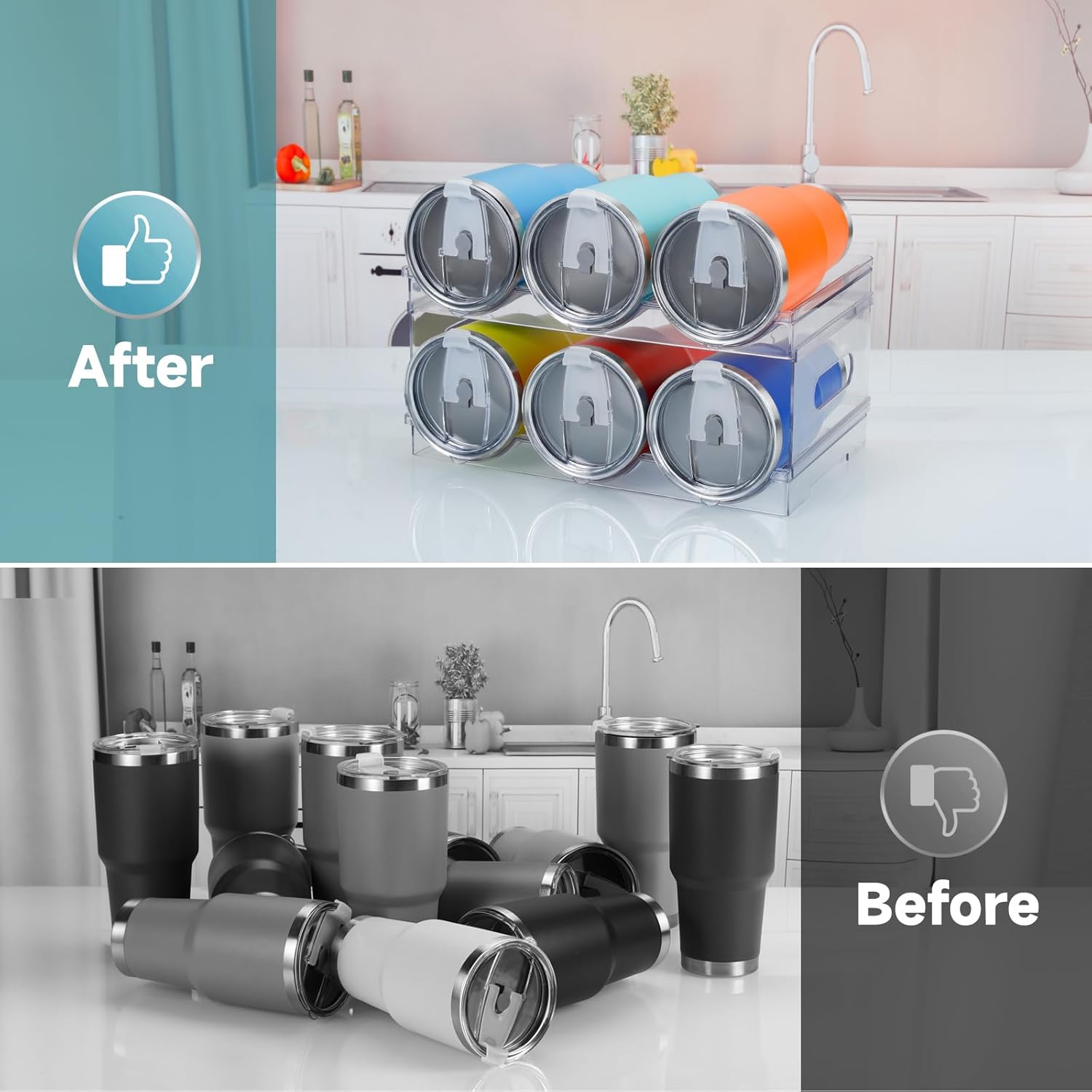 Damomo Organizador de botellas de agua para Stanley de 40 onzas, paquete de 2 organizadores apilables para botellas de agua, soporte transparente