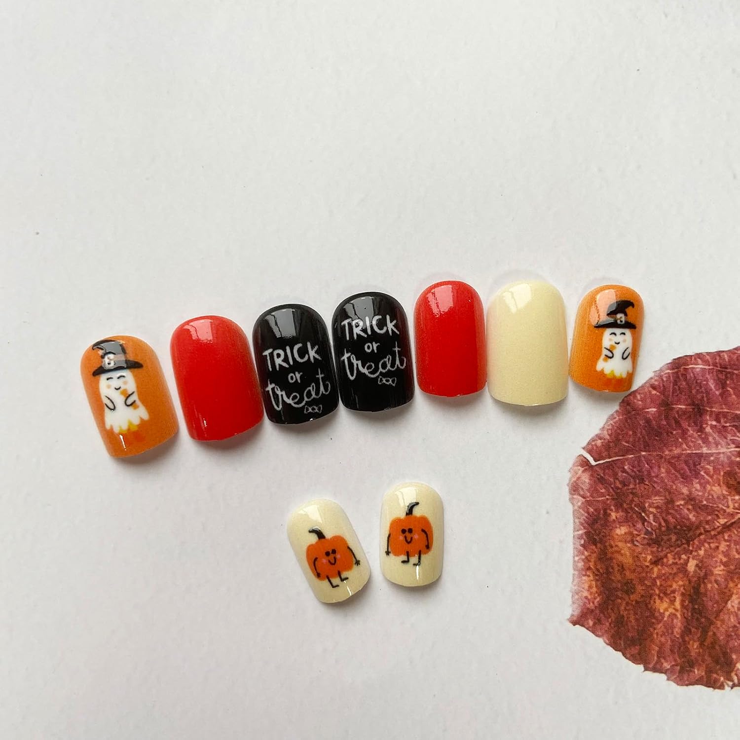24 uñas postizas cortas cuadradas para Halloween, color naranja, negro, calabaza, fantasma, uñas acrílicas artificiales con pegamento, uñas
