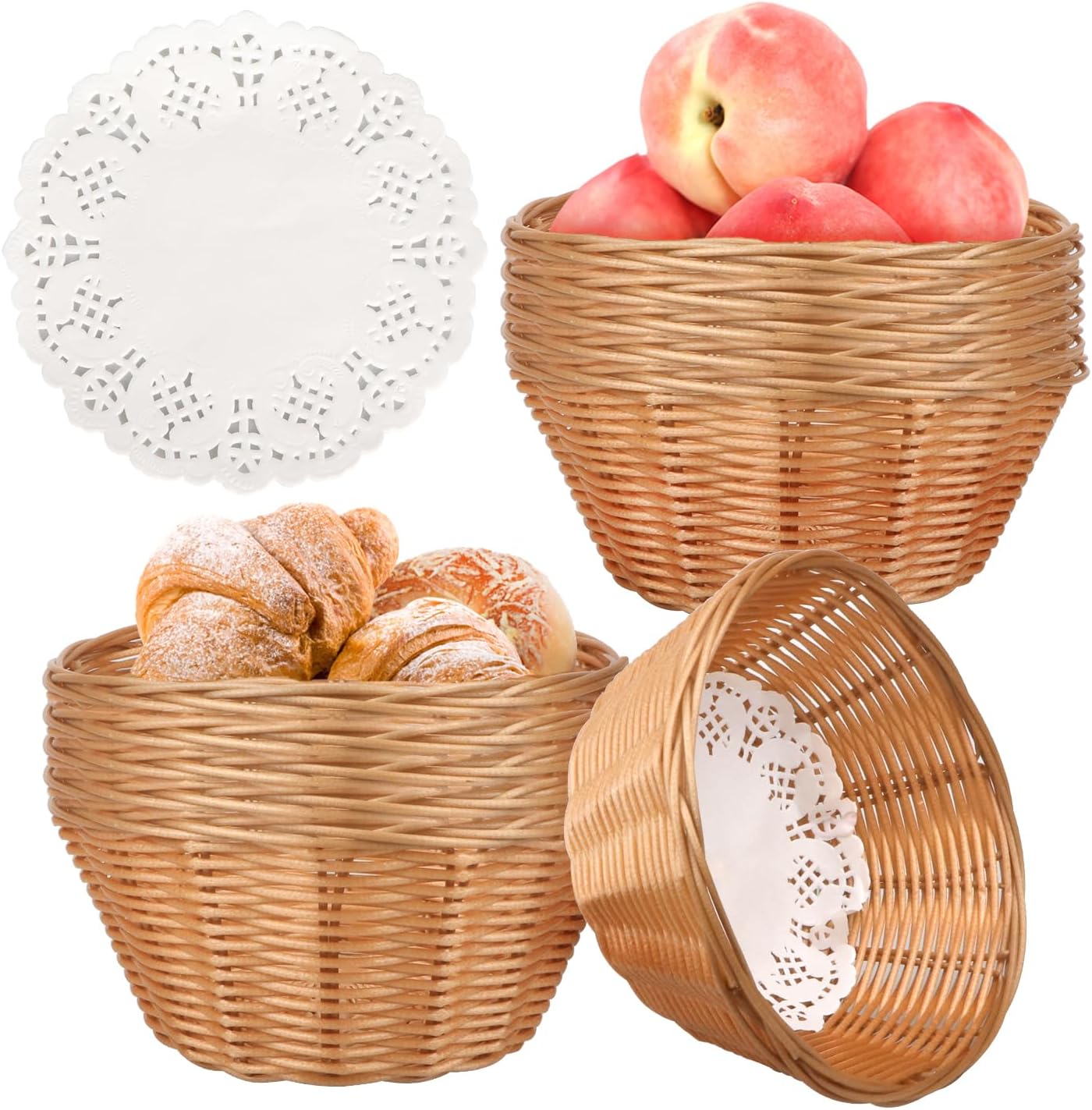 Yimerlen 12 cestas pequeñas redondas de pan de plástico estilo comedor para servir 7 x 7 x 3 pulgadas, cestas de pan calentadas tejidas para frutas,