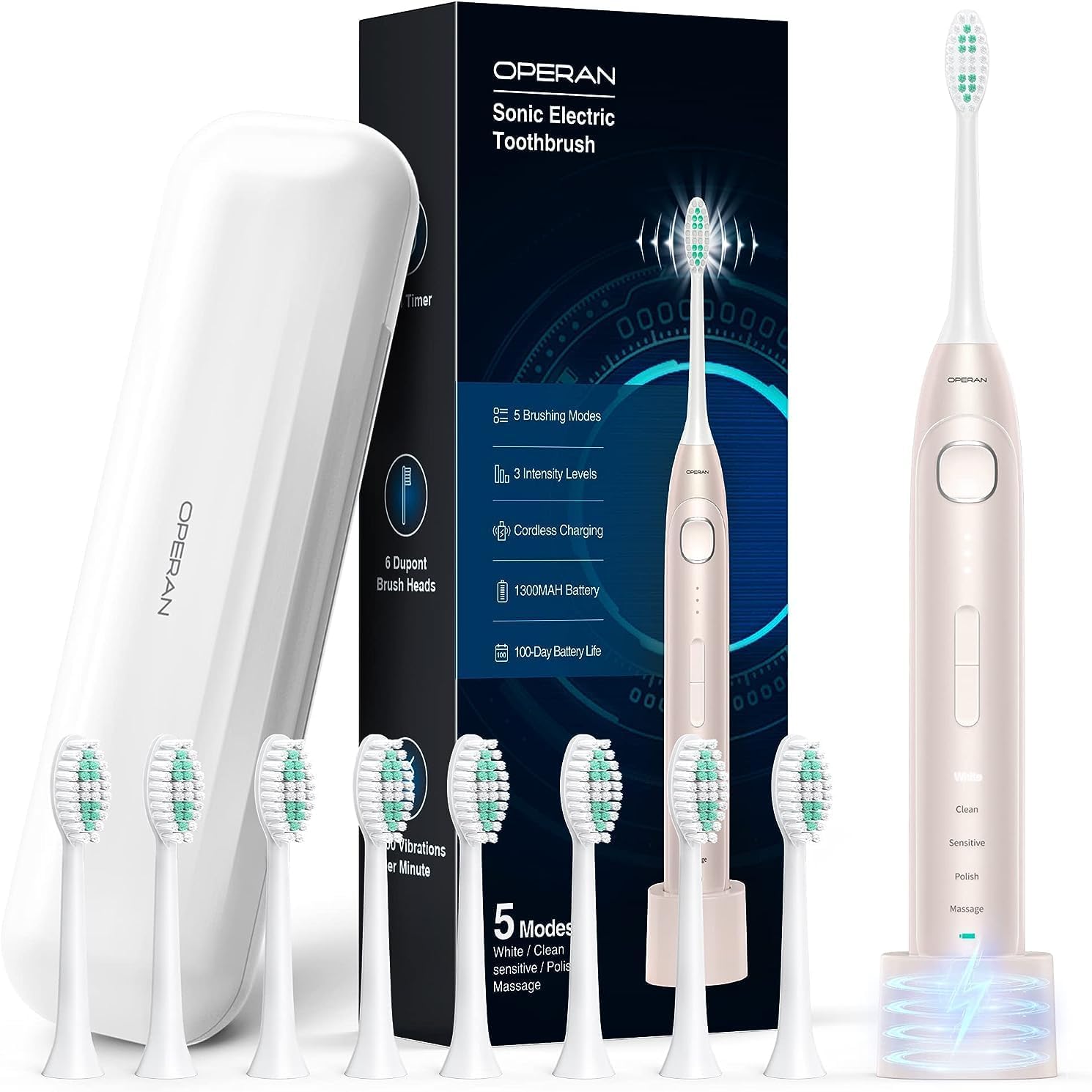 Operan Cepillo de dientes eléctrico para adultos y niños, cepillo de dientes recargable sónico con 5 modos, temporizador inteligente de 2 minutos,