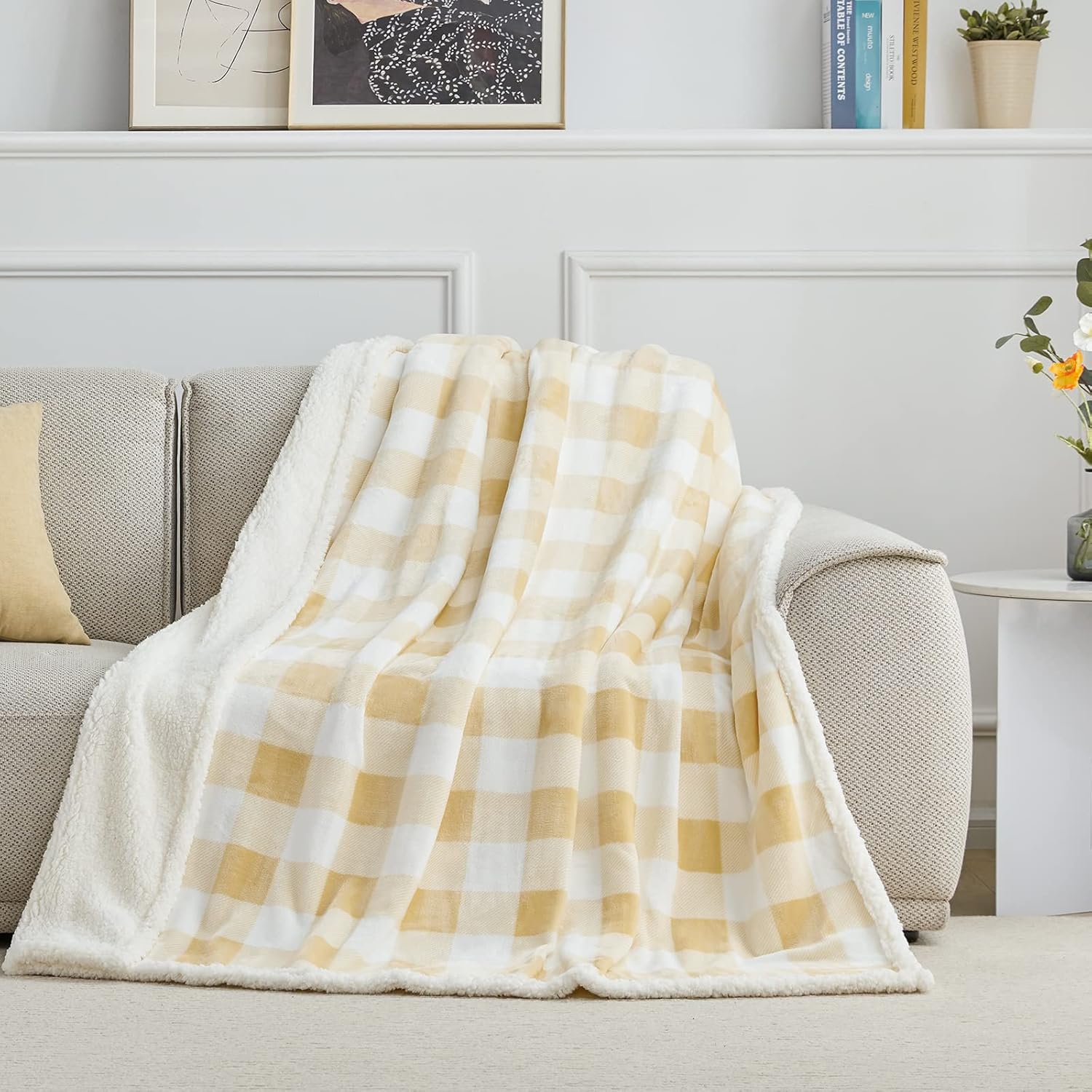 BEAUTEX Manta de forro polar sherpa, manta y mantas de felpa a cuadros súper suaves y cálidas, manta ligera y acogedora para sofá cama (beige, manta