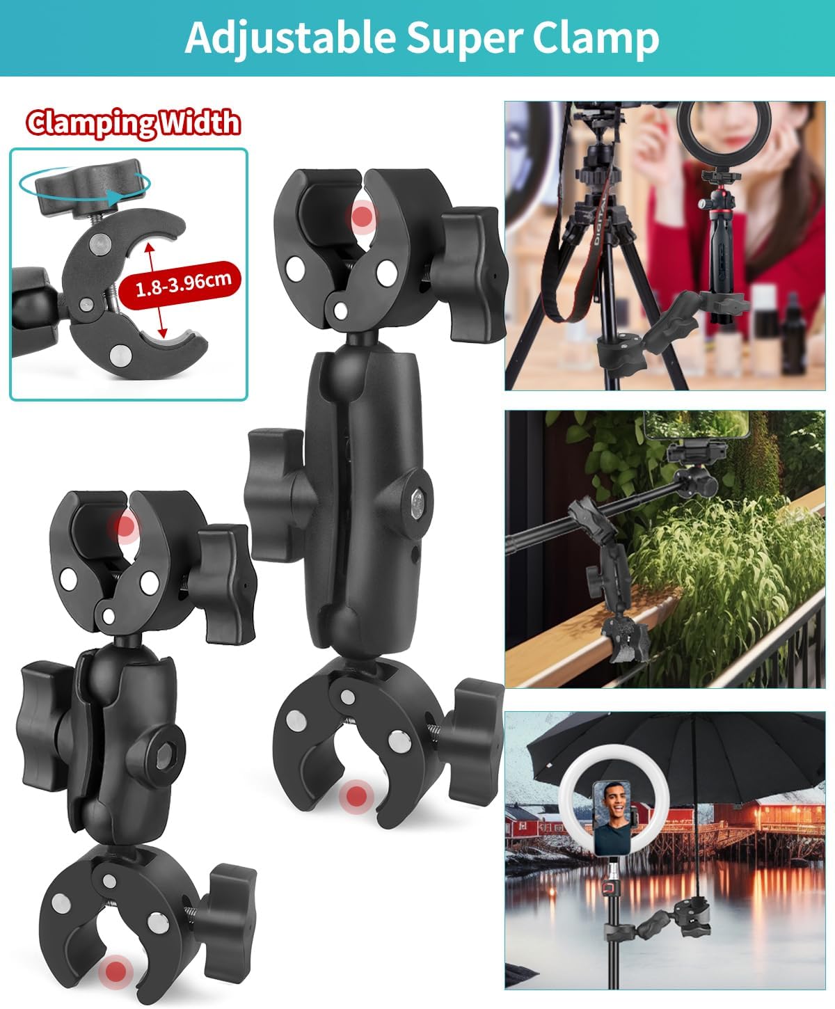 Abrazadera doble para cámara, 7.28″18.5cm y 8.86″22.5cm, doble abrazadera mágica, soporte de abrazadera para manillar de motocicleta para soporte de