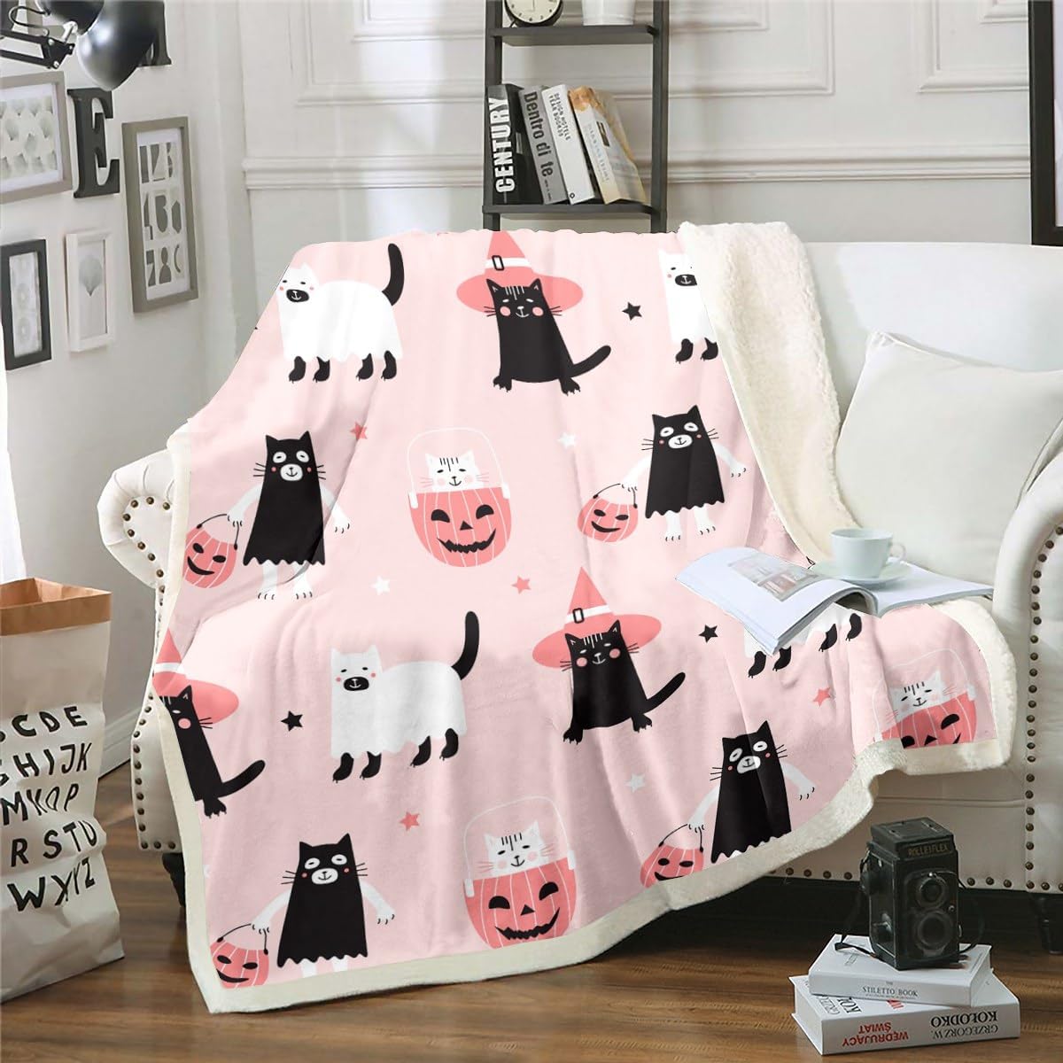 Erosebridal Manta de felpa con diseño de gatos fantasmas y fantasmas para niños, 40 x 50 pulgadas, regalo para niñas y adolescentes, manta sherpa de