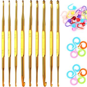 Juego de 40 ganchos de ganchillo de doble extremo, incluye 10 agujas de ganchillo de aluminio dorado, 10 anillos de marcadores de ganchillo para Juego de 40 ganchos de ganchillo de doble extremo, incluye 10 agujas de ganchillo de aluminio dorado, 10 anillos de marcadores de ganchillo para