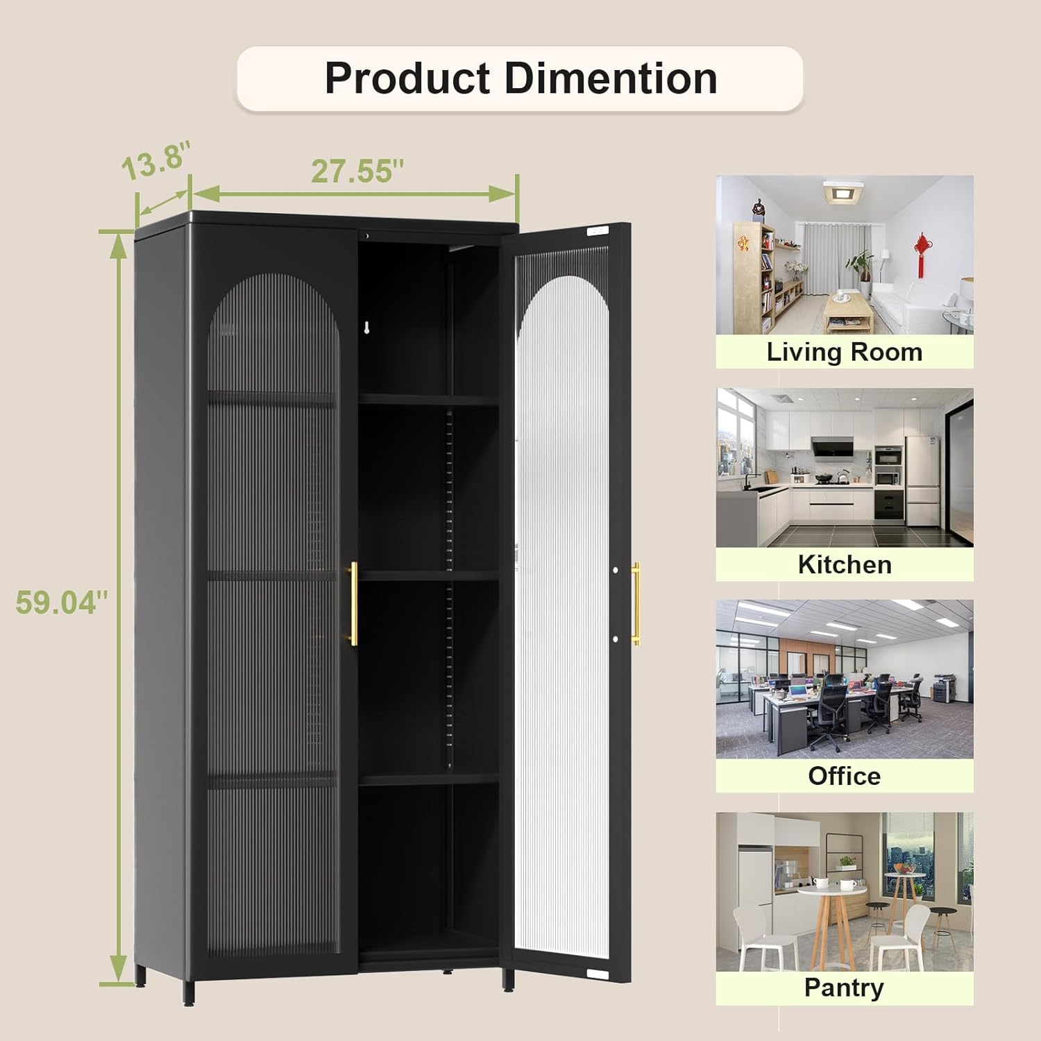 Armario de almacenamiento de metal de 59 pulgadas con puertas de cristal, vitrina de cristal para sala de estar, comedor y cocina, aparador