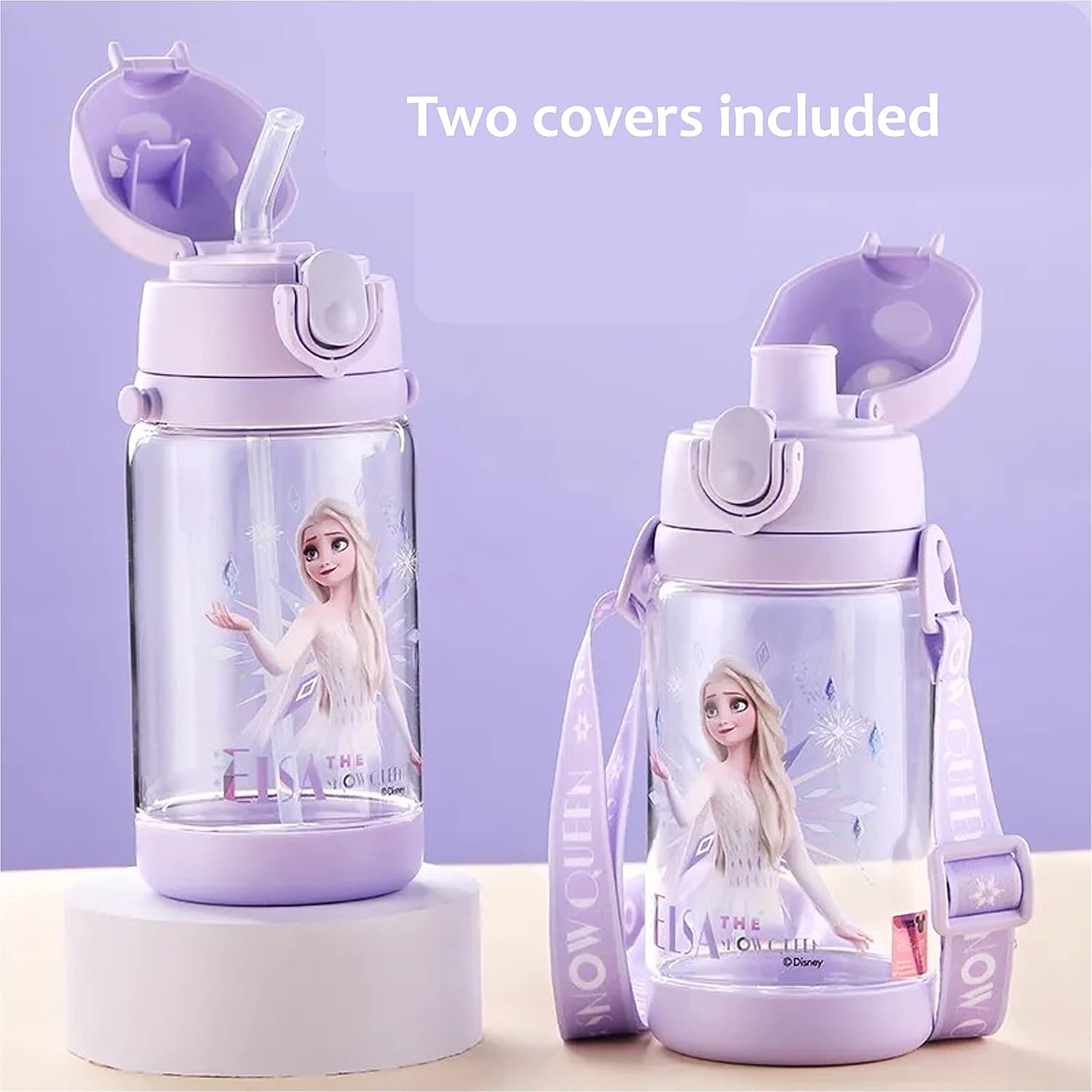 Frozen Elsa Botella De Agua Doble Cubiertas Con Pajita Y Correa 17.6 fl oz – Púrpura