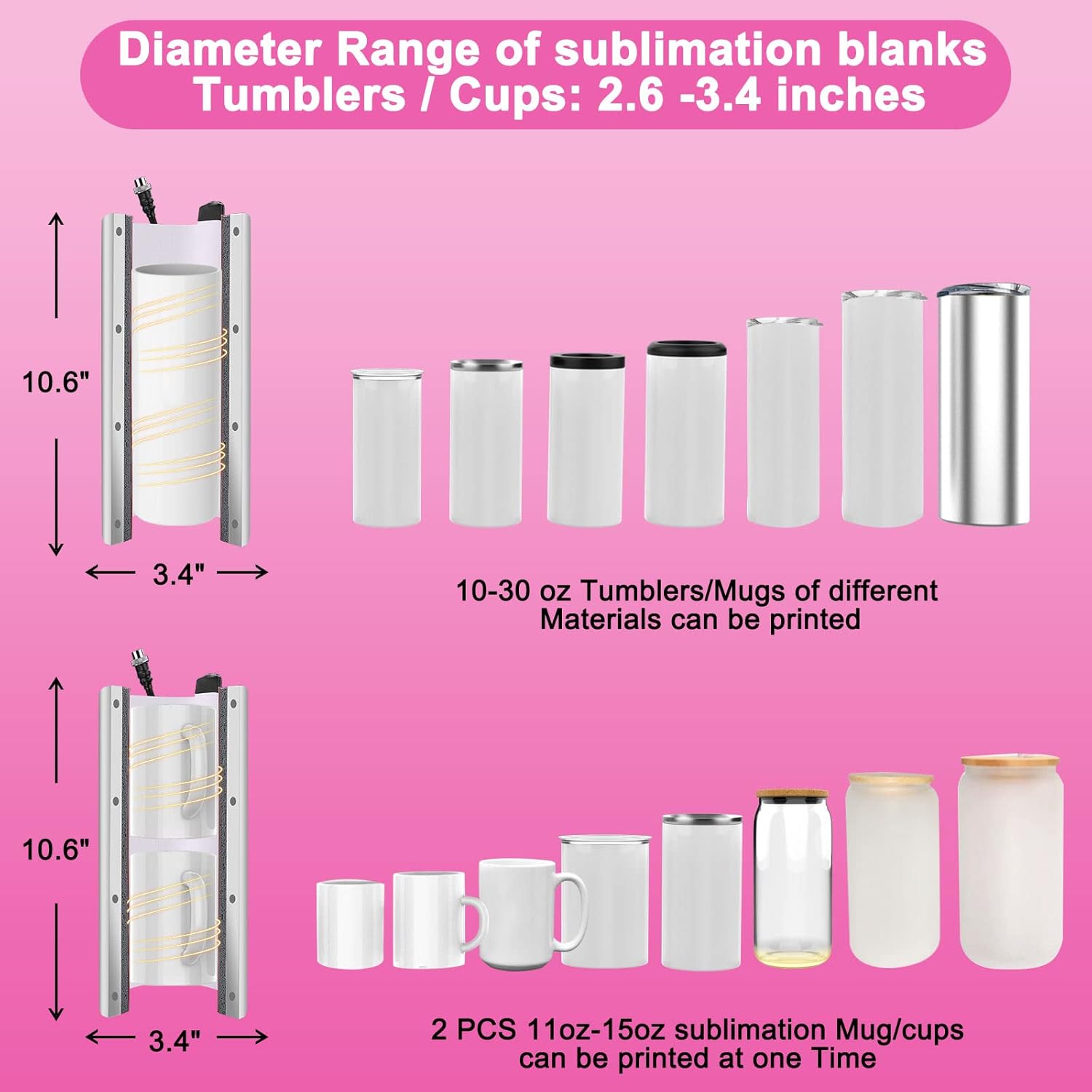 Máquina de prensa térmica de 30 onzas, color rosa con 4 modelos de memoria para sublimación de 10 a 30 onzas, vasos delgados para bricolaje, taza de