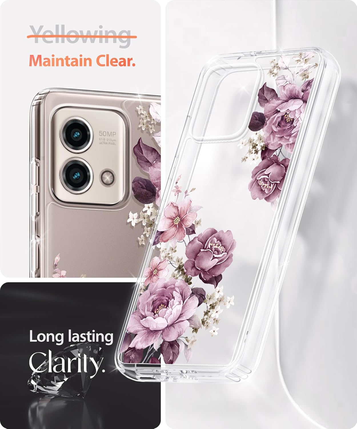 Funda protectora delgada para Moto G Stylus-5G-2023, diseño de flores transparentes a prueba de golpes de policarbonato duro + TPU parachoques
