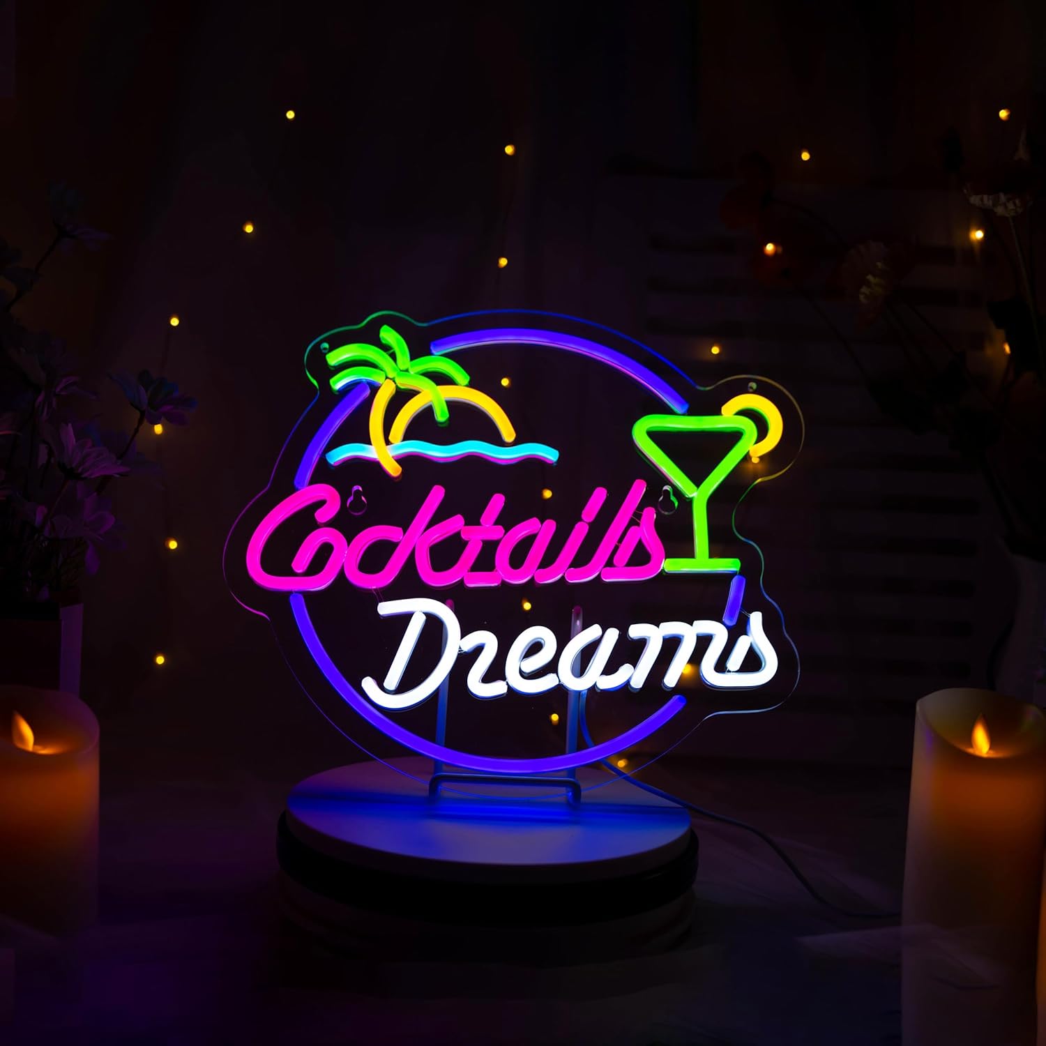 Letrero de neón con diseño de palmera de cocteles y sueños para decoración de pared, con interruptor regulable, letreros de neón LED para