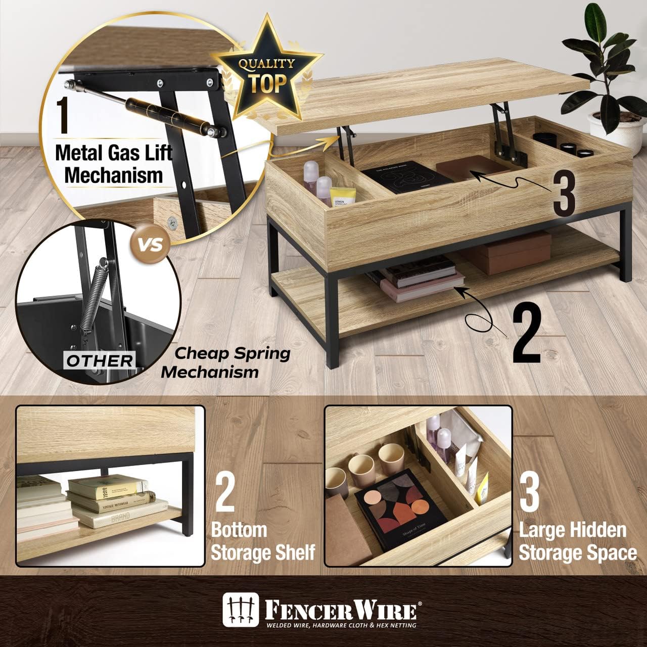 Fencer Wire Mesa de centro elevable con almacenamiento, mesa de centro con estante inferior abierto, mesa de centro de almacenamiento con elevador