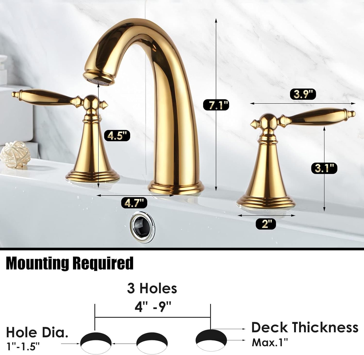Grifos de baño para fregadero de 3 agujeros, grifo de baño de 2 manijas, Juego de grifos de baño de latón extendido, grifo de baño, grifo de lavabo