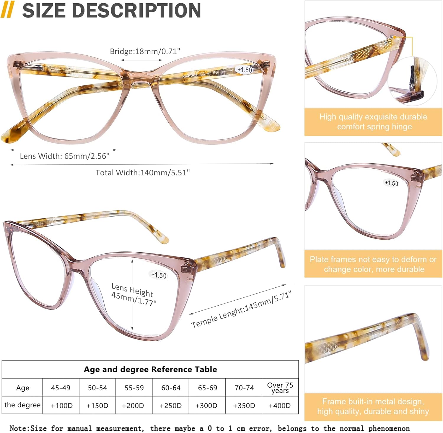 AQWANO Gafas de lectura con bloque de luz azul para mujer, diseño de ojo de gato, 1.25, elegante, de gran tamaño, antirreflejos, filtro de rayos UV,