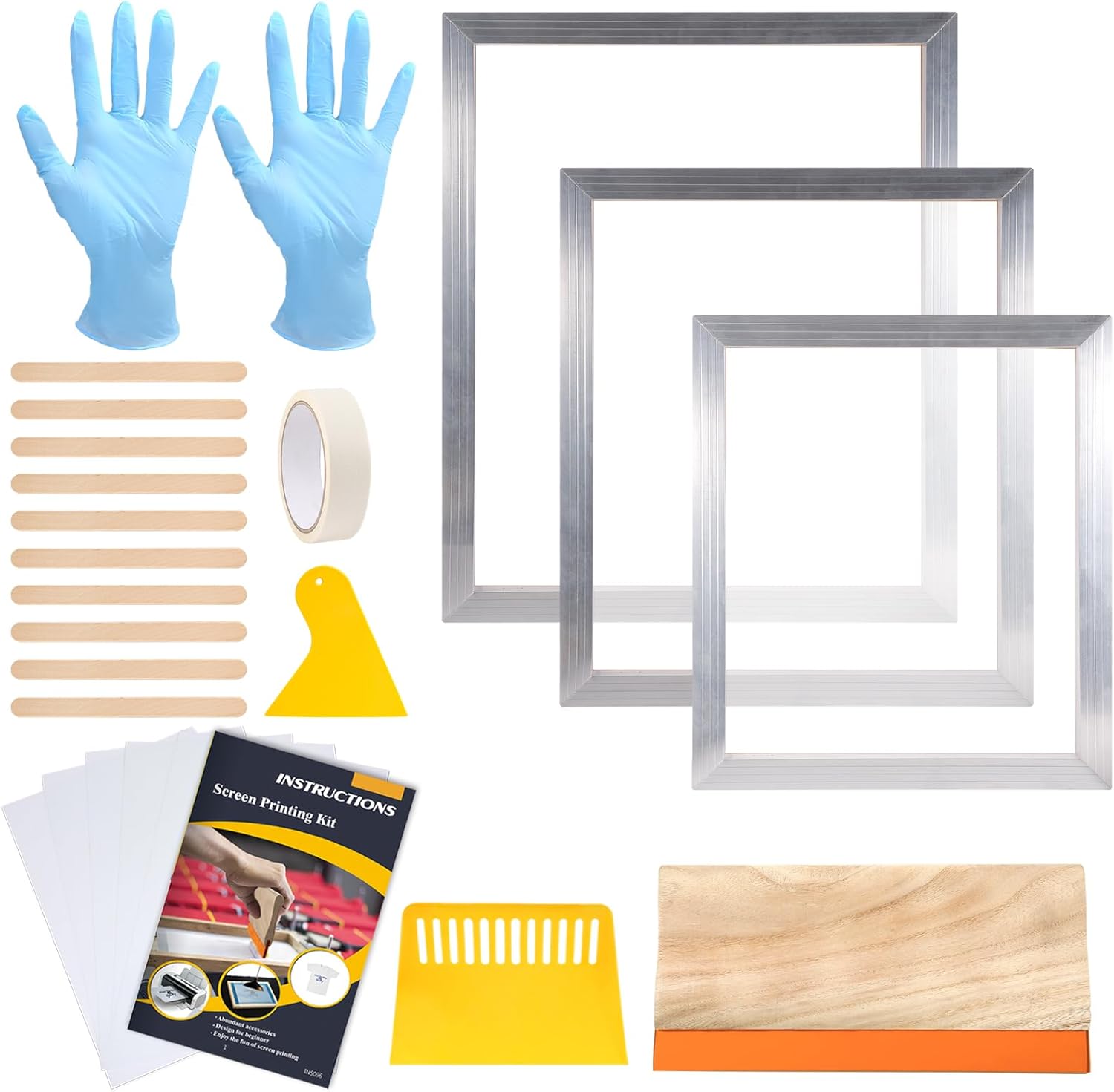 Caydo Kit de serigrafía de 24 piezas, incluye 3 tamaños de marco de impresión de pantalla de seda de aluminio, 5 piezas de película de transparencia