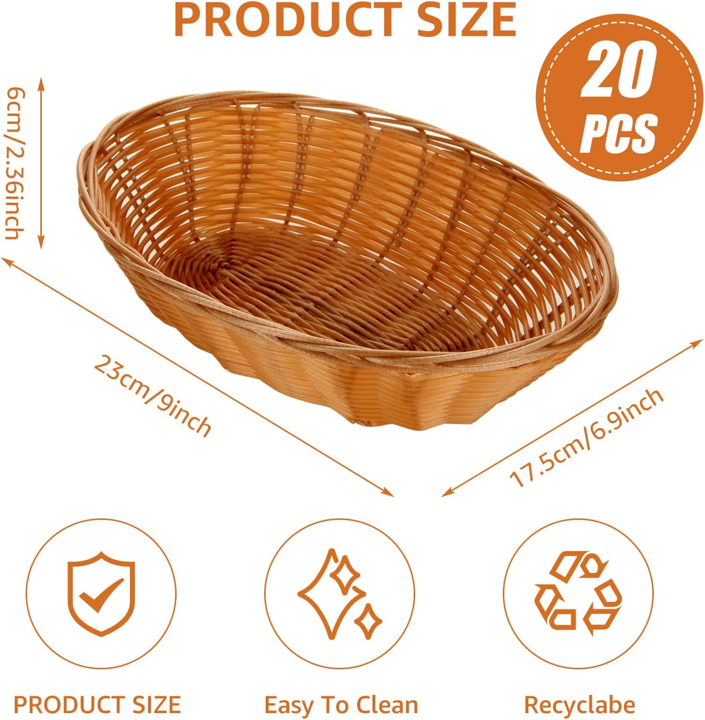 DAJAVE Paquete de 20 cestas ovaladas de plástico, 9 x 6.9 x 2.36 pulgadas, cestas tejidas para pan de alimentos, cesta de almacenamiento de
