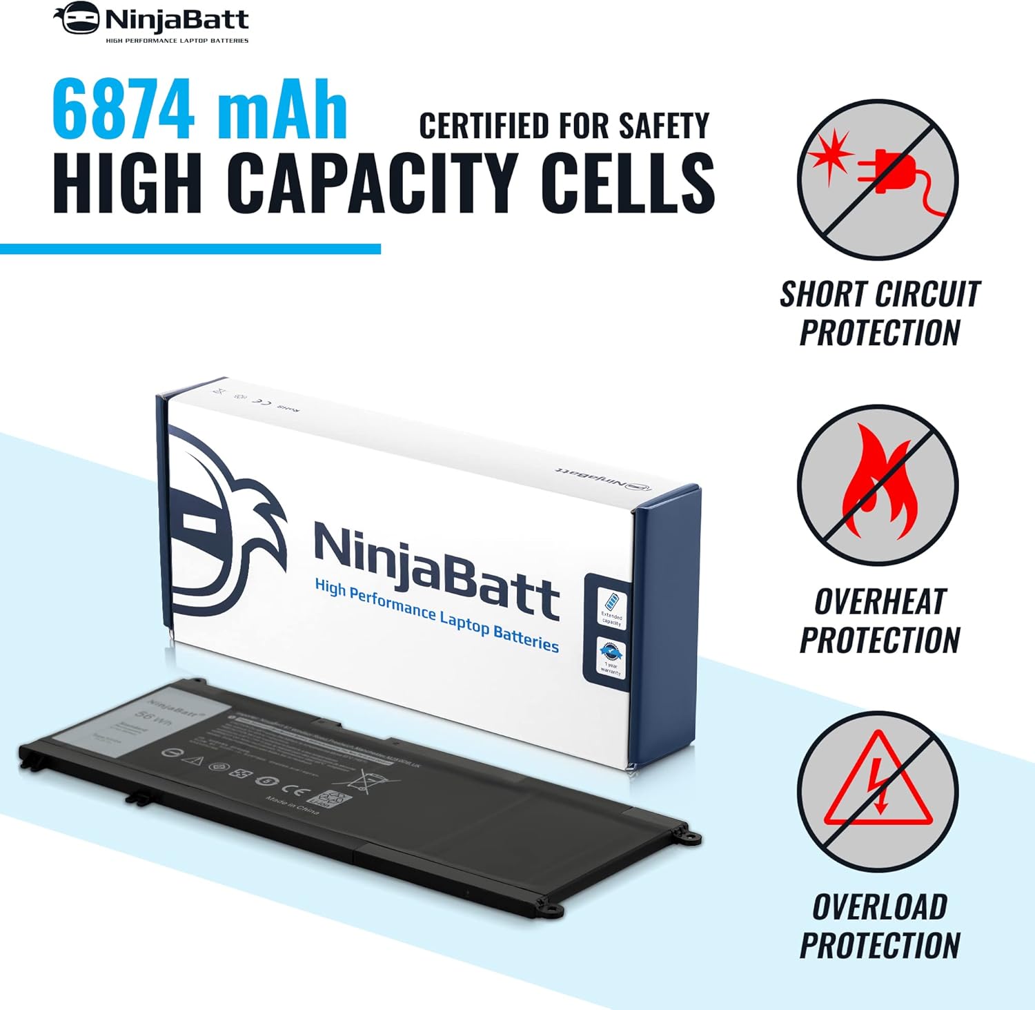 NinjaBatt Batería para Dell 33YDH 17 7000 7779 13 7353 17 7778 15 7778 15 7577 P30E 7786 7773 3779 G5  7588 3579 5587 G7  G3 Latio tude 13 3380 14