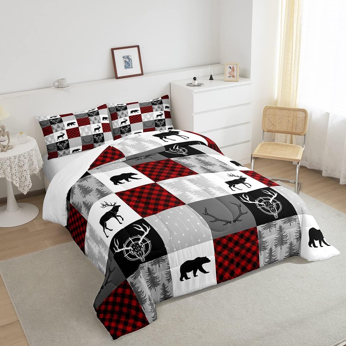 Castle Fairy Juego de edredón de tamaño Queen con diseño de oso de ciervo a cuadros, juego de ropa de cama de retazos con 2 fundas de almohada,