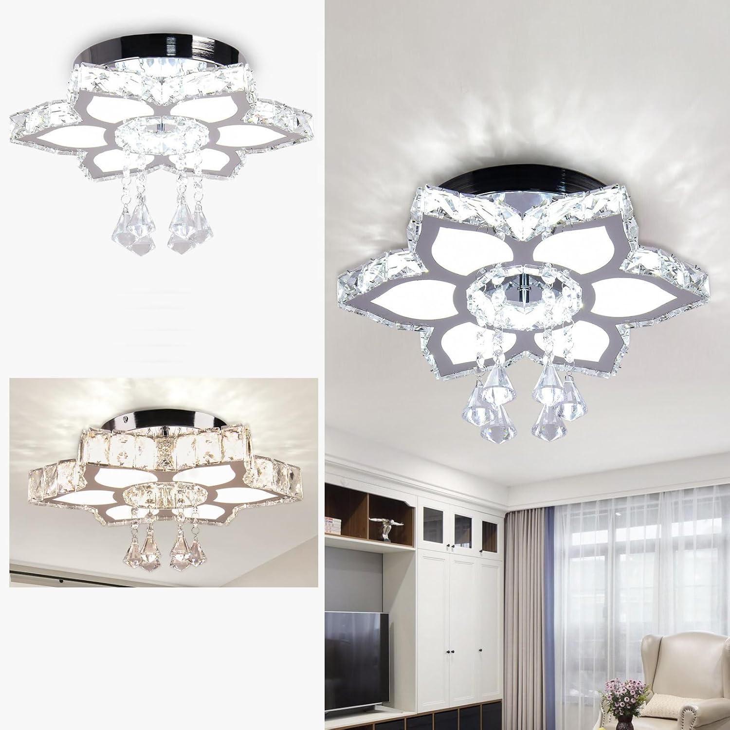 16.1 Candelabros de cristal modernos LED en forma de flor, lámpara de techo empotrada para dormitorio, sala de estar, comedor, pasillo, vestíbulo