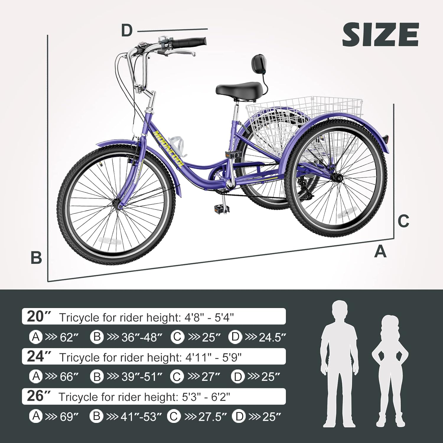 H&ZT Triciclo para adultos, bicicletas de 3 ruedas para adultos, triciclo crucero, con cesta grande y herramientas de mantenimiento y desviador de 7