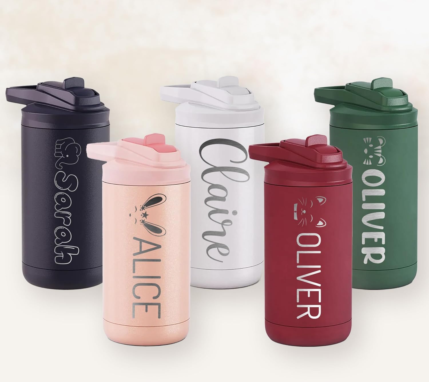 Botella de agua personalizada para niños y niñas, vaso personalizado de acero inoxidable de doble pared de 12 onzas con tapa de popote