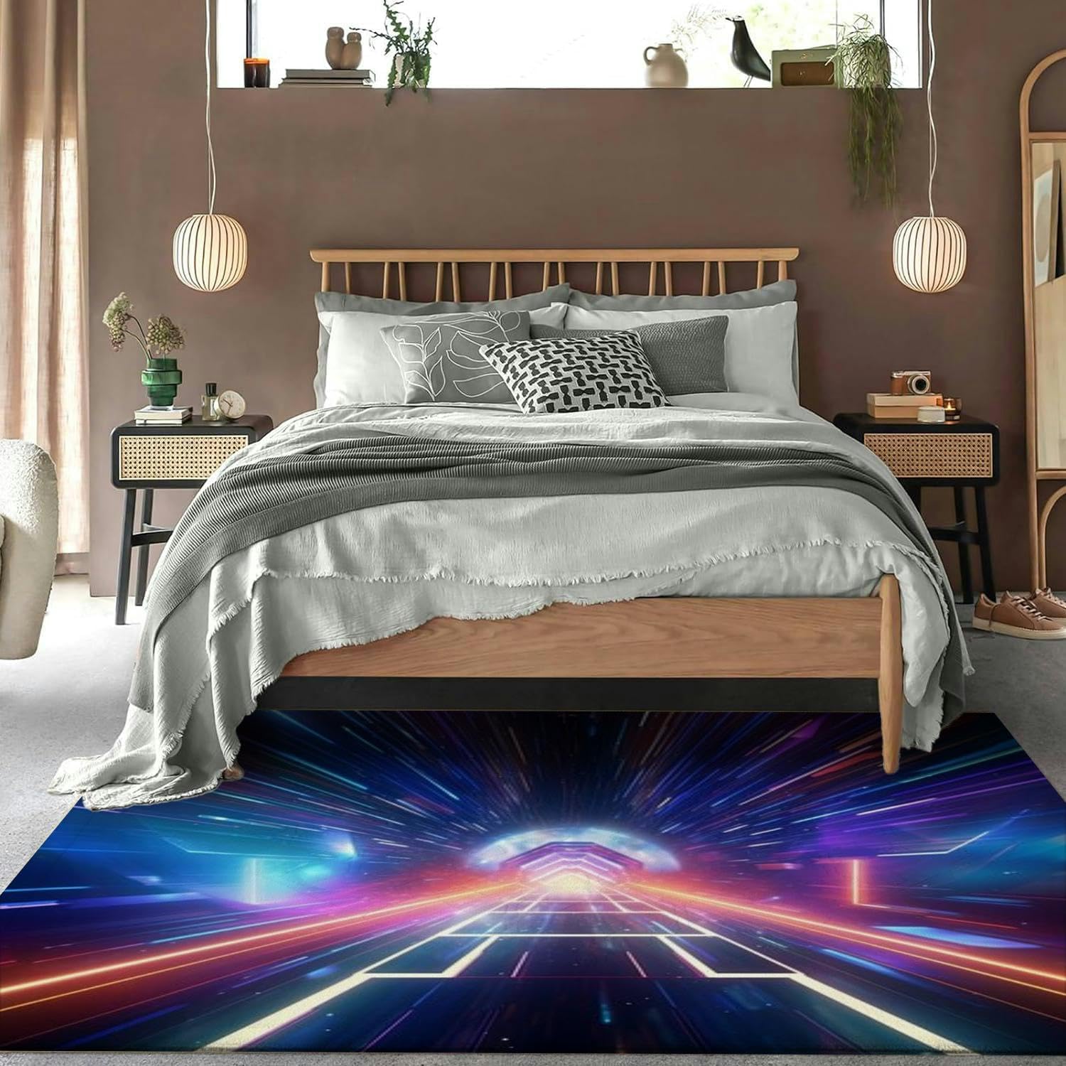 neon hyperjump Tunnel Cyber Blank Glowing 3D Road Laser Code and line Rug 5×7 Rug Area Rugs for Living Room Bedroom Aesthetic Dining Room Machine