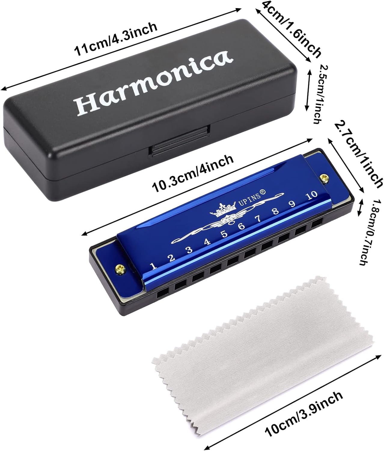 UPINS Harmonica, 4 piezas Key of C Blues 10 agujeros 20 tonos titanio color armónica con estuche paño de limpieza para principiantes estudiantes