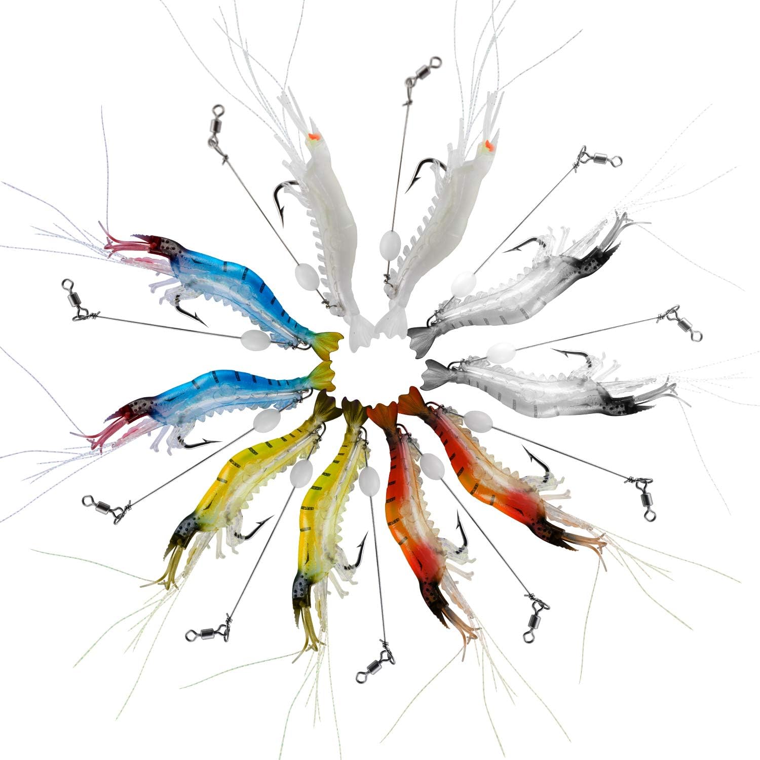 WANBY Señuelos de pesca para camarones de silicona artificial, set de cebo suave luminoso Swimbait Señuelo de pesca con ganchos, aparejos de pesca