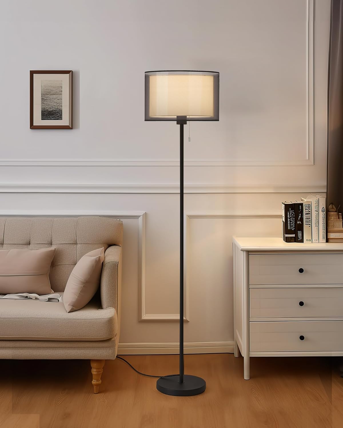 KDG Lámpara de pie moderna para sala de estar, lámpara de pie alta iluminación de esquina, pantalla de tela, bombilla LED, luz de poste brillante,