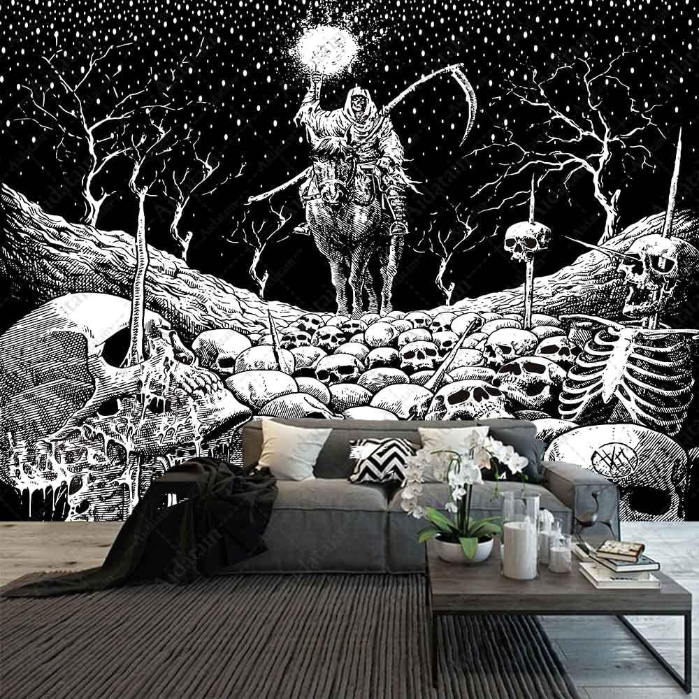 Grim Reaper – Tapiz de calavera de muerte de esqueleto para colgar en la pared de los hombres, para dormitorio, fantasía, tela de franela de 80 x 60