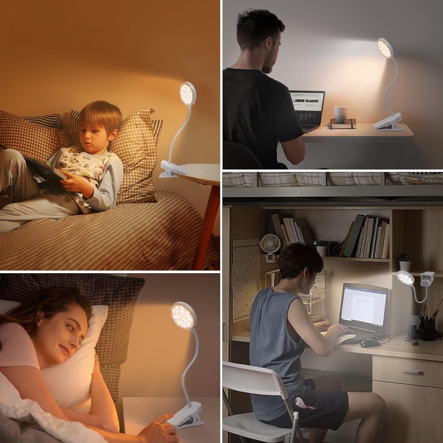 LVJING Luz con clip, luz de libro regulable para leer en la cama, luz de lectura de 1800 mAh, luz de abrazadera de temperatura de color, modo de luz