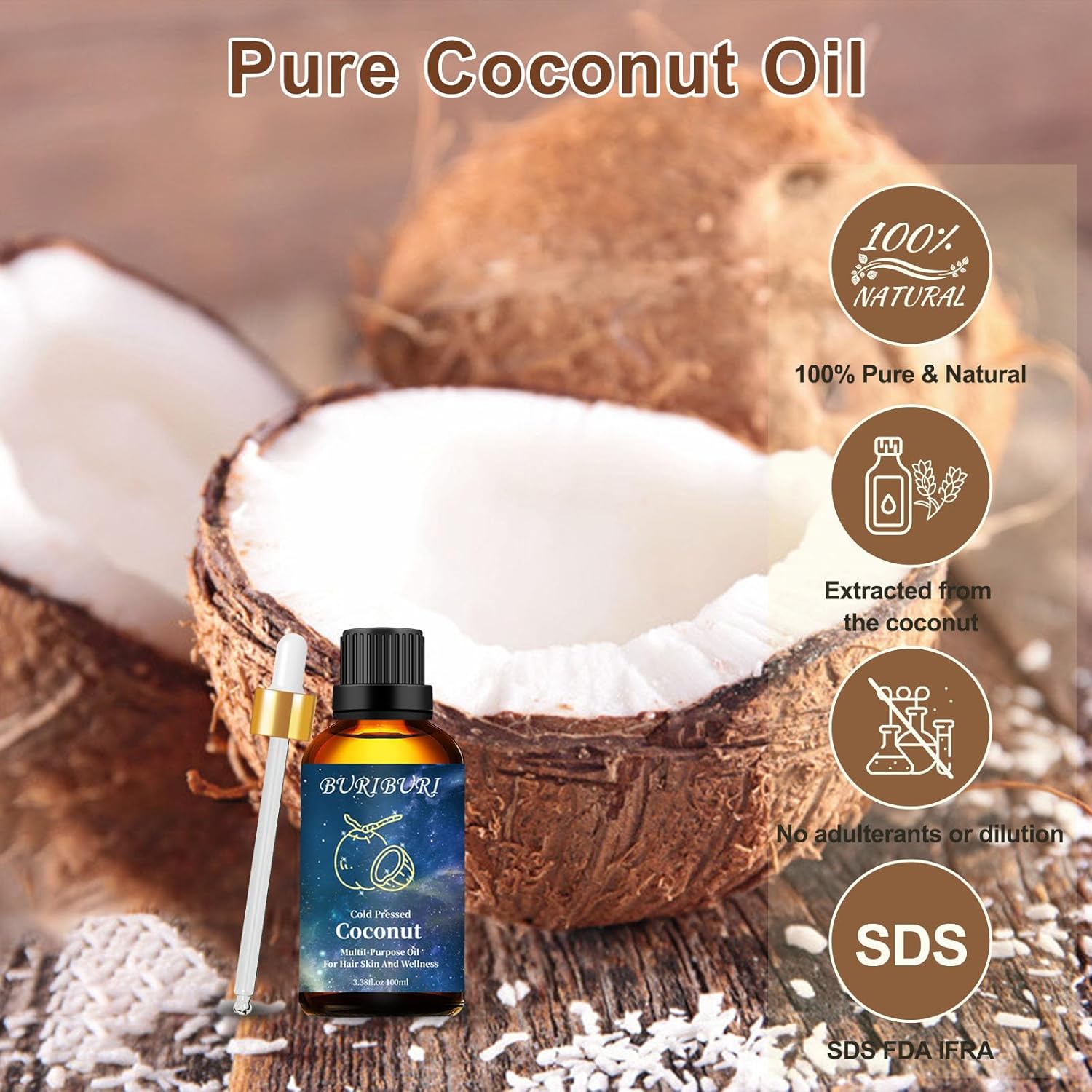 BURIBURI Aceite esencial de coco de 3.4 fl oz, aceite perfumado de grado prémium para difusores, masajes, fabricación de jabón