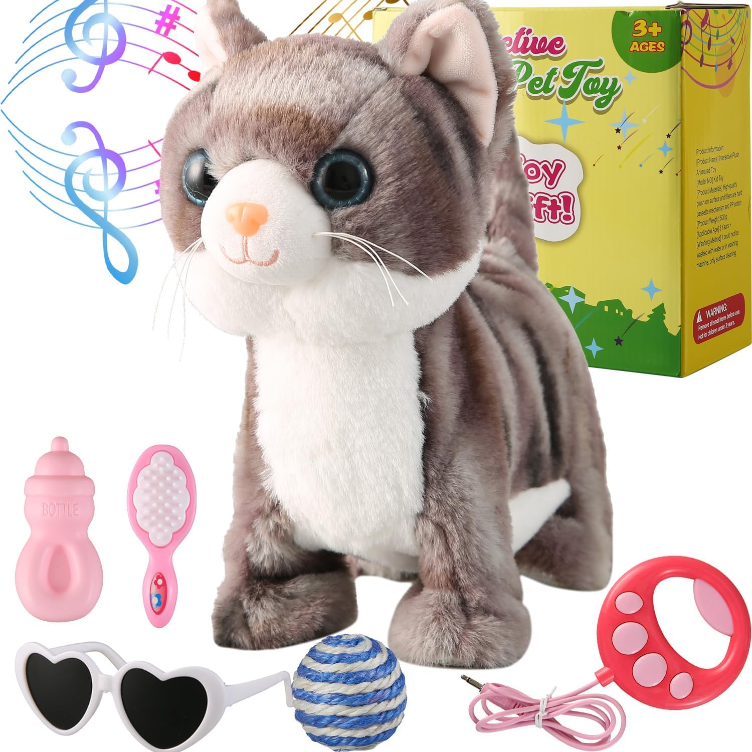 Juego de gato con correa gris que camina cantando que ronronea y maulla, robot de peluche animado, gatito en movimiento, animal de peluche realista