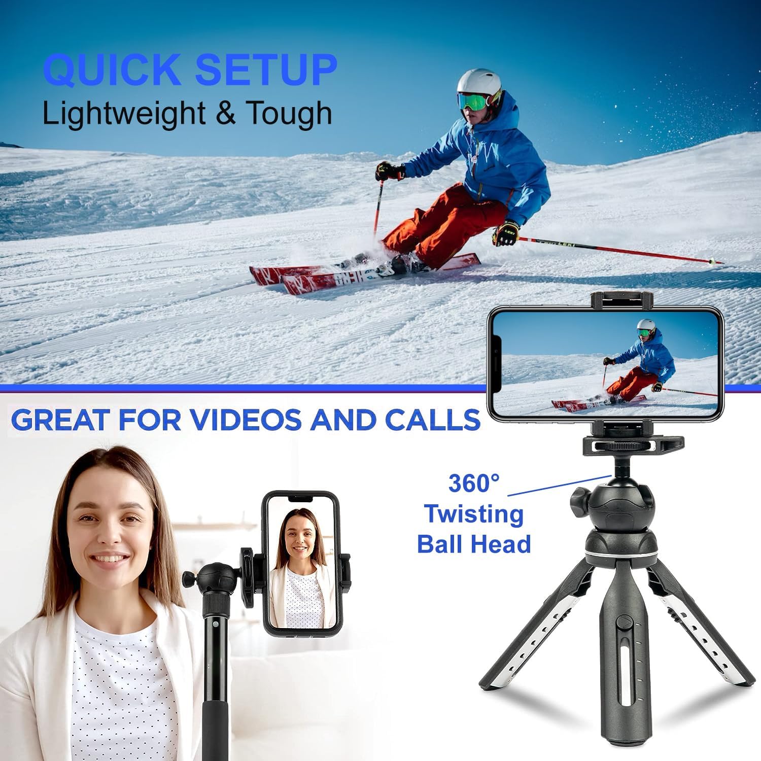 eDealz Trípode para teléfono de 55 pulgadas  Funciona como trípode, selfie stick y monopie de cámara para Go Pro  Soporte de trípode para teléfono