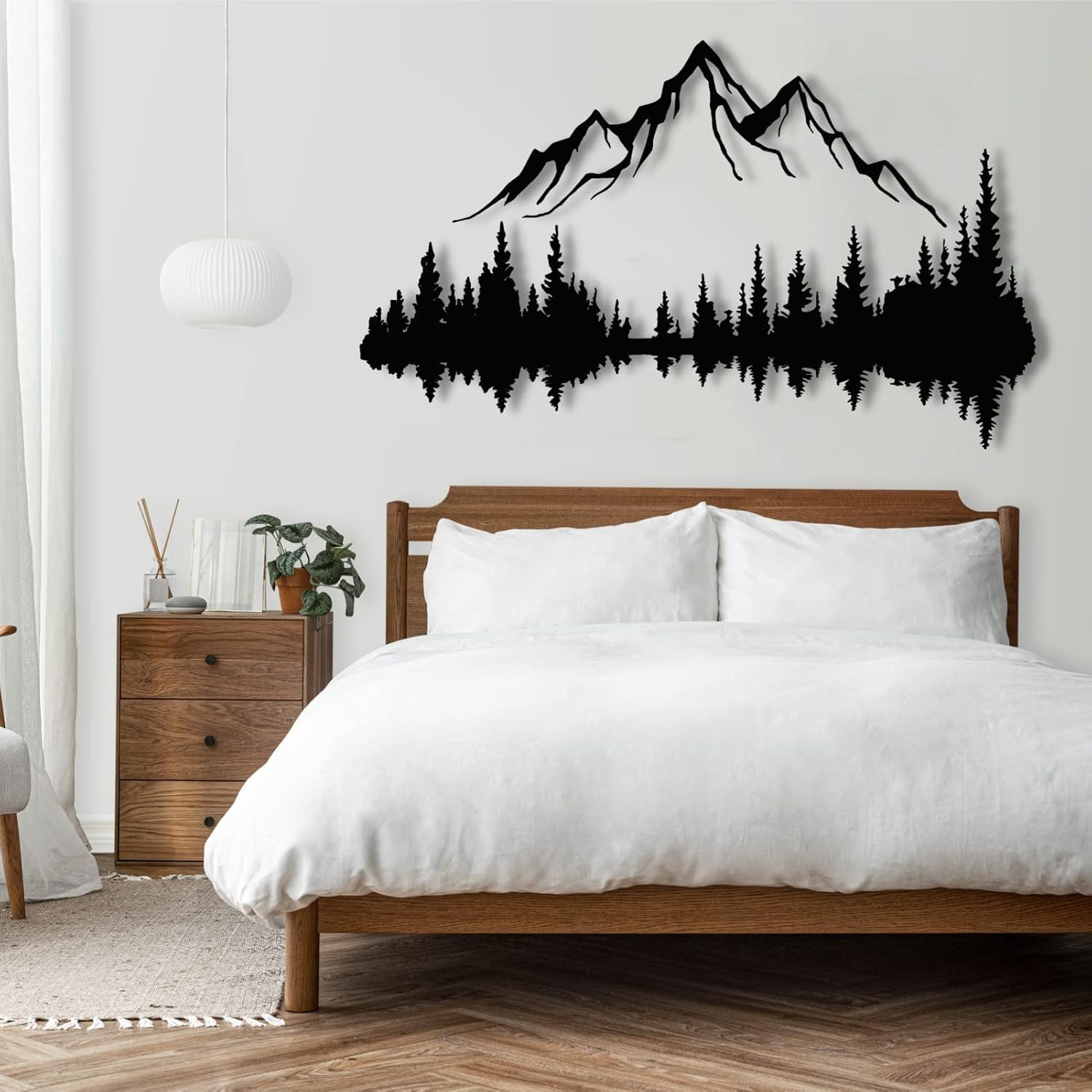 Arte de pared de metal de montaña y bosque, decoración de pared de metal de colinas y árboles, decoración de naturaleza y bosque, decoración de