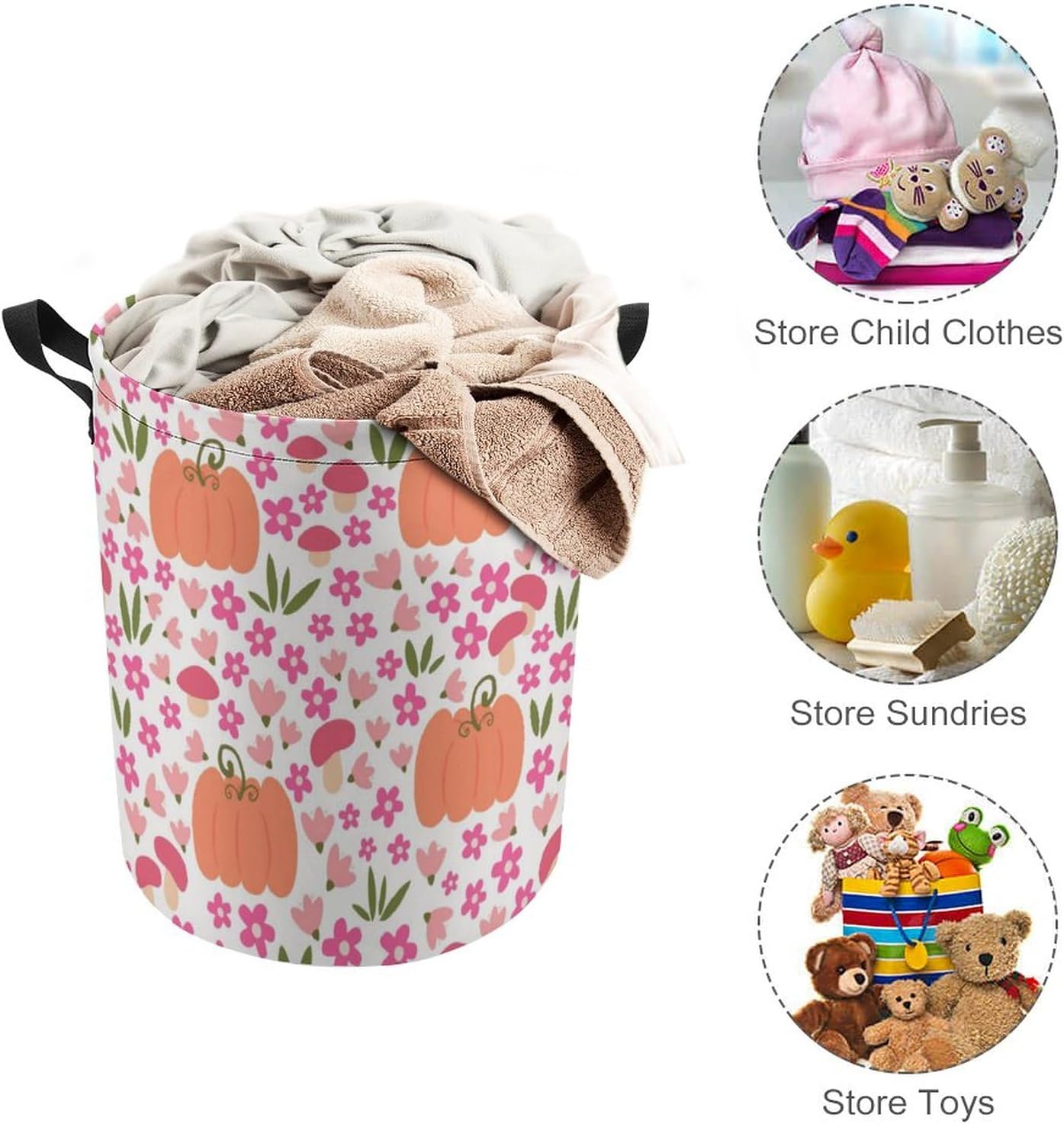 Cute Pink Pumpkin Flowers Laundry Basket with Drawstring Colorful Waterproof Collapsible Dirty Clothes Hamper Storage Baskets for Bathroom Dorm Toy