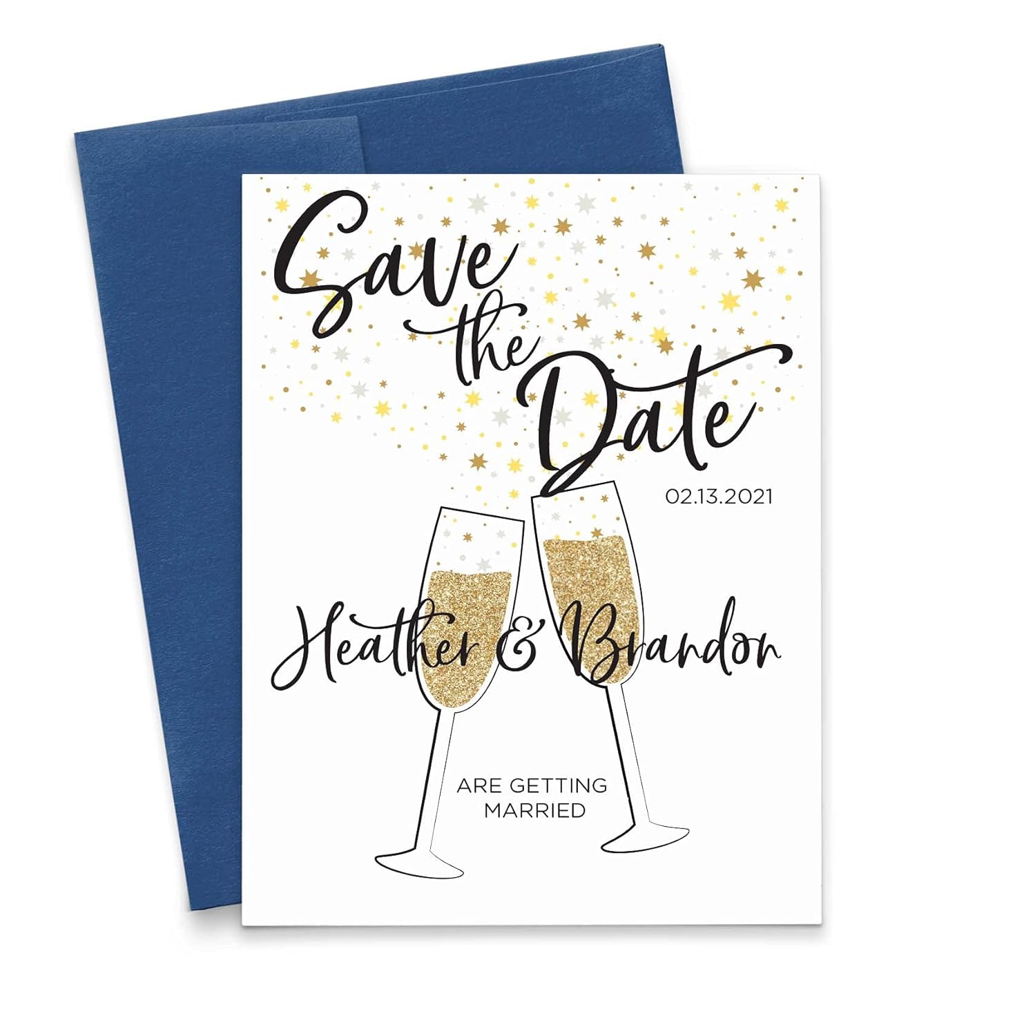 Modern Save the Dates with Envelopes, Champagne Toast, Gold and Black, Your choice of Quantity and Envelope Color