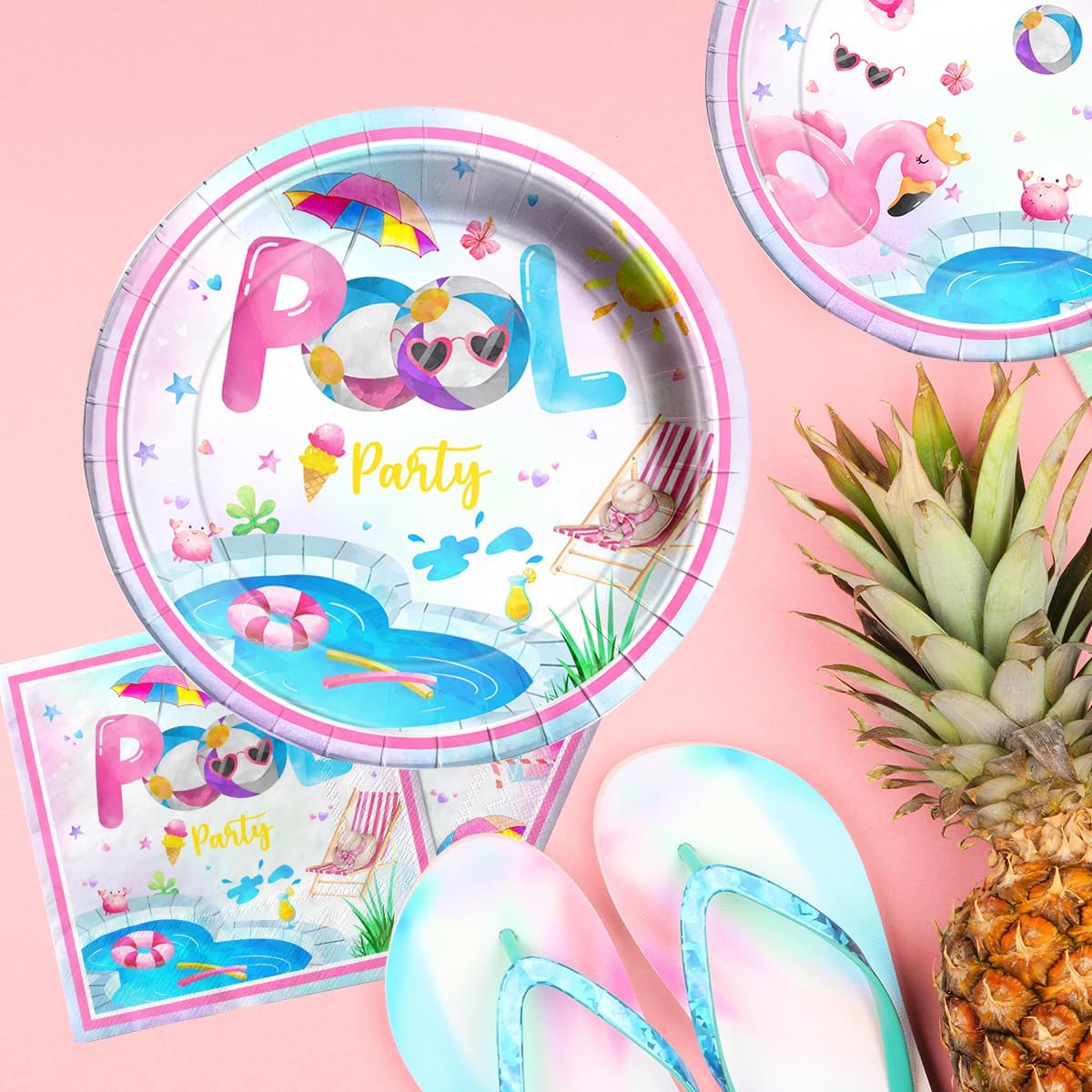 Suministros para fiestas en la piscina, decoración de mesa de cumpleaños rosa para piscina, platos de fiesta de verano, servilletas temáticas de