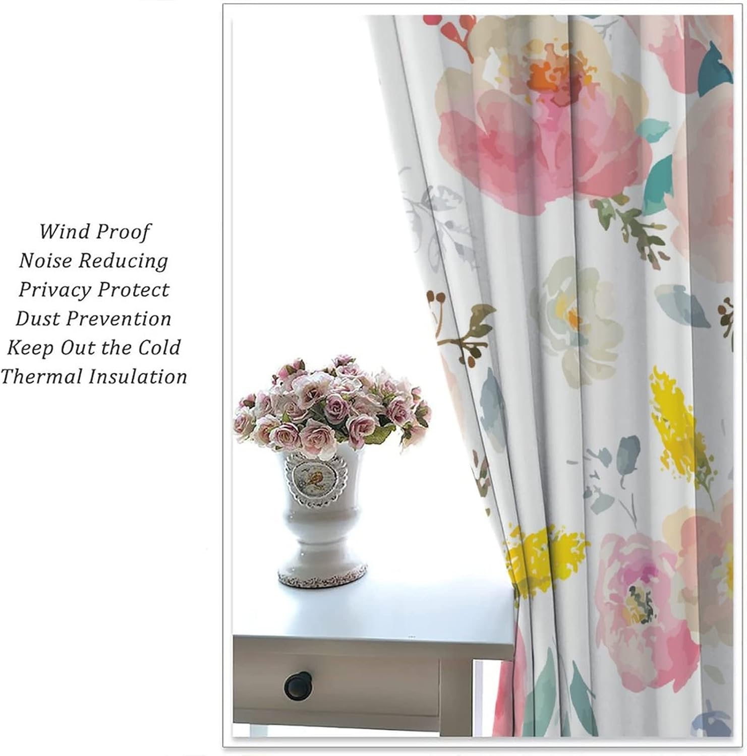 Cortinas de acuarela románticas con estampado floral rosa, bolsillo para barra, cortinas de ventana para dormitorio, sala de estar, 42 x 54 pulgadas