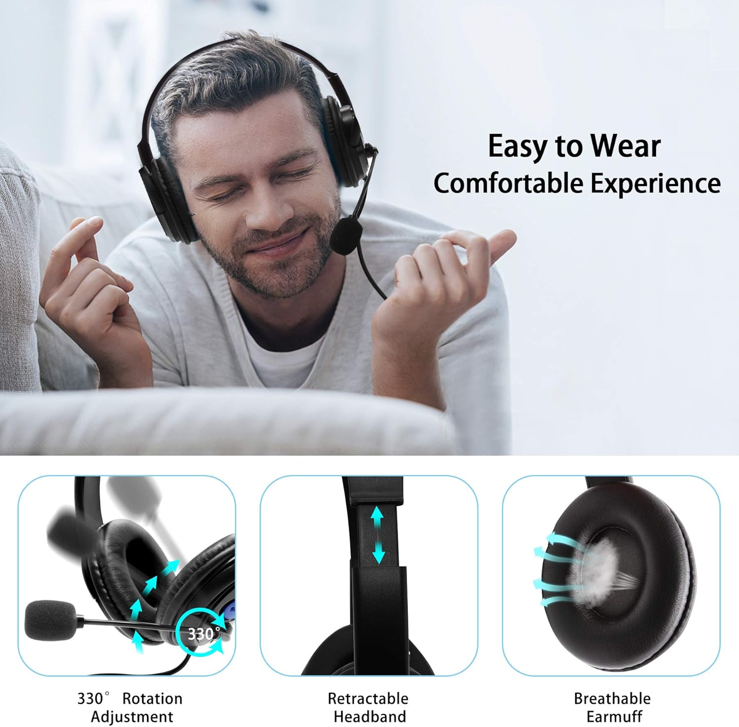 Auriculares de computadora de 0.138 in con micrófono, auriculares de oficina de ajuste cómodo con control de volumen en línea, auriculares sobre la