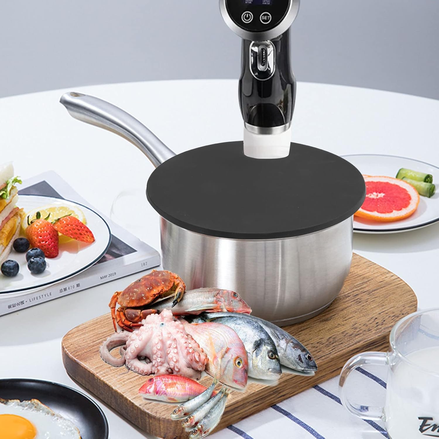 Sous Vacuum and Vide Lid Cooking Sous Vacuum and Vide Cooker Se adapta a ollas de hasta 10.5 pulgadas, evita la evaporación del agua y conserva el