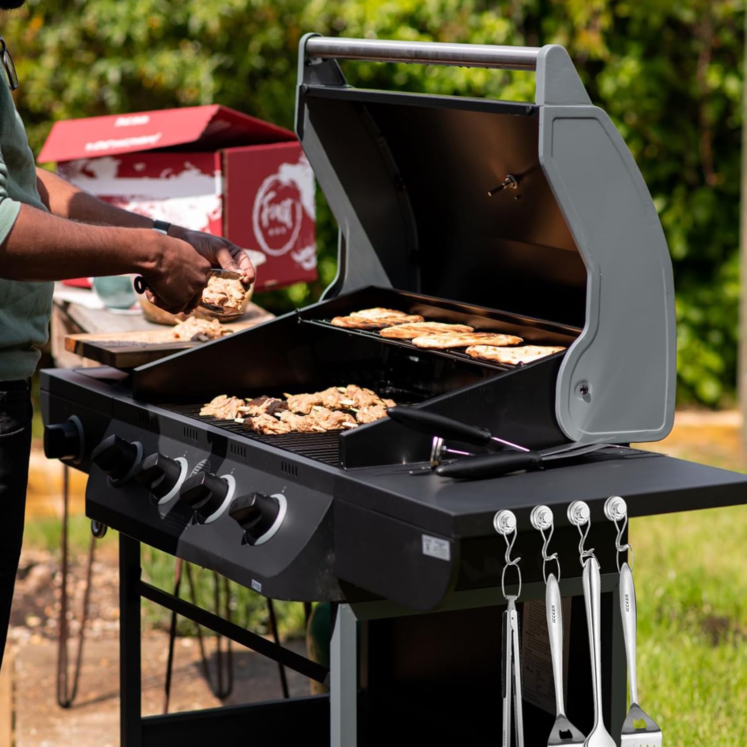 Paquete de 4 ganchos magnéticos para colgar utensilios de cocina y parrilla, de acero inoxidable con imán fuerte para almacenamiento de herramientas